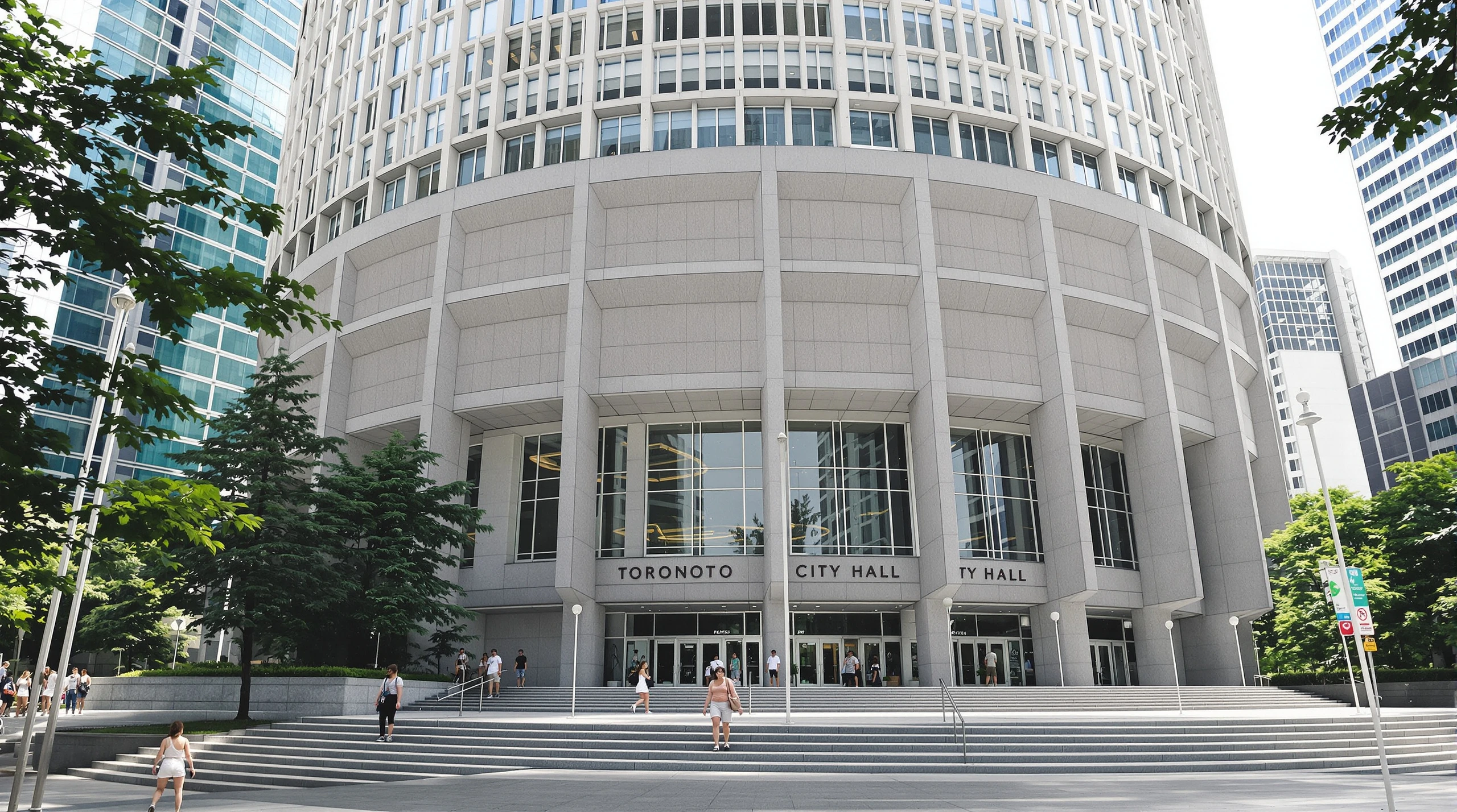 Toronto City Hall on a sunny summer day, with its distinctive curved towers and public square.