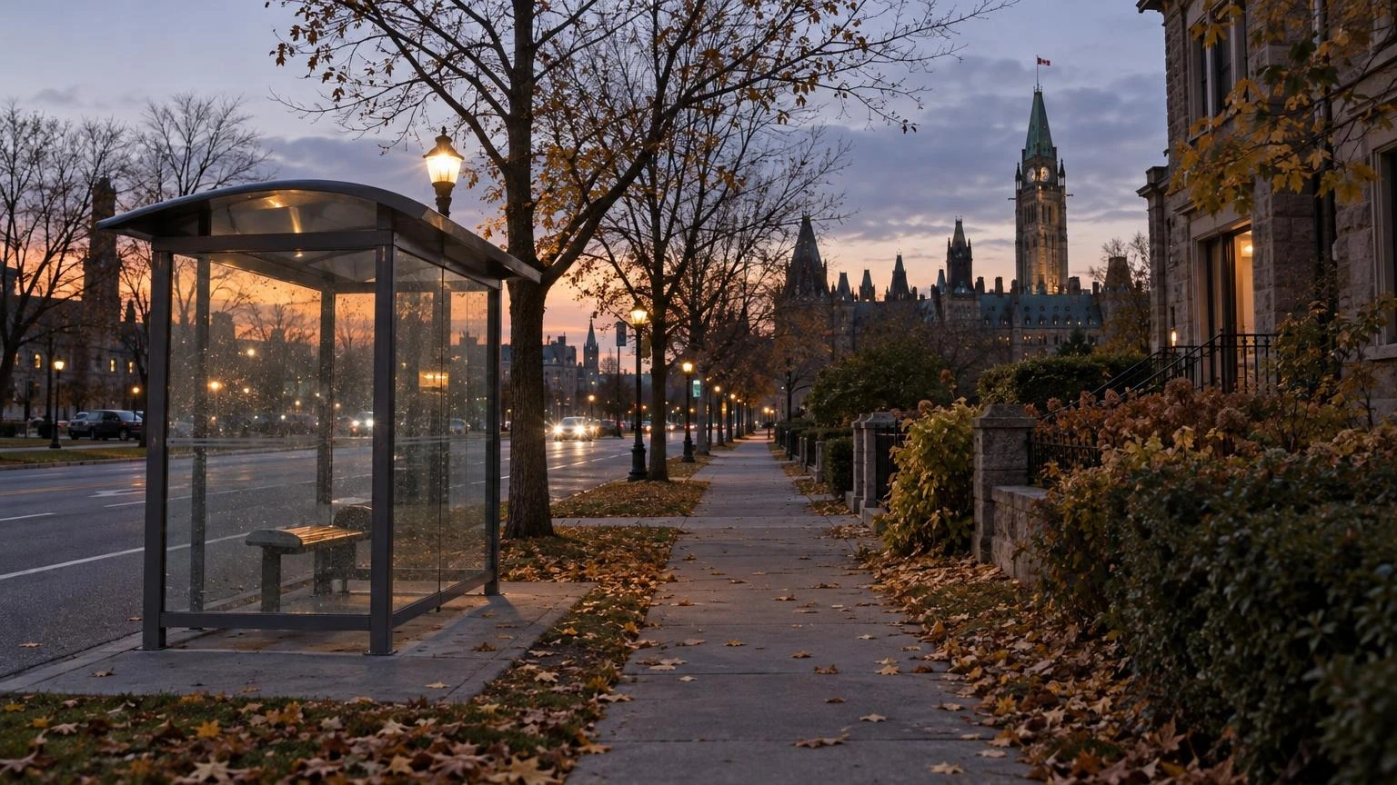 An empty residential sidewalk and a bus shelter at dusk in an Ottawa suburb.