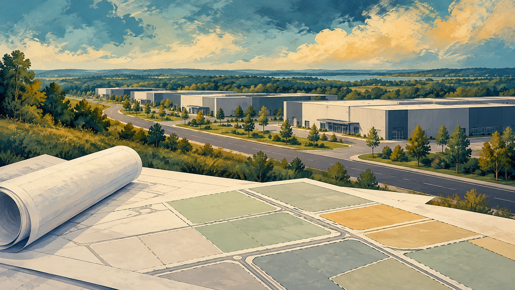 Conceptual illustration of fictional industrial buildings and an abstract planning drawing.
