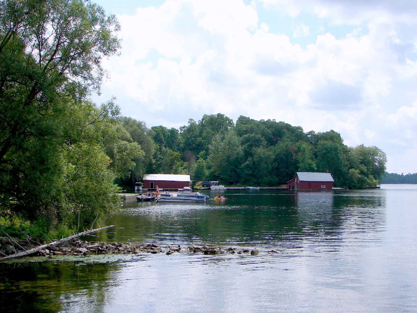 A wooden dock on a high-water eastern Ontario lake surrounded by summer forest under overcast skies.
