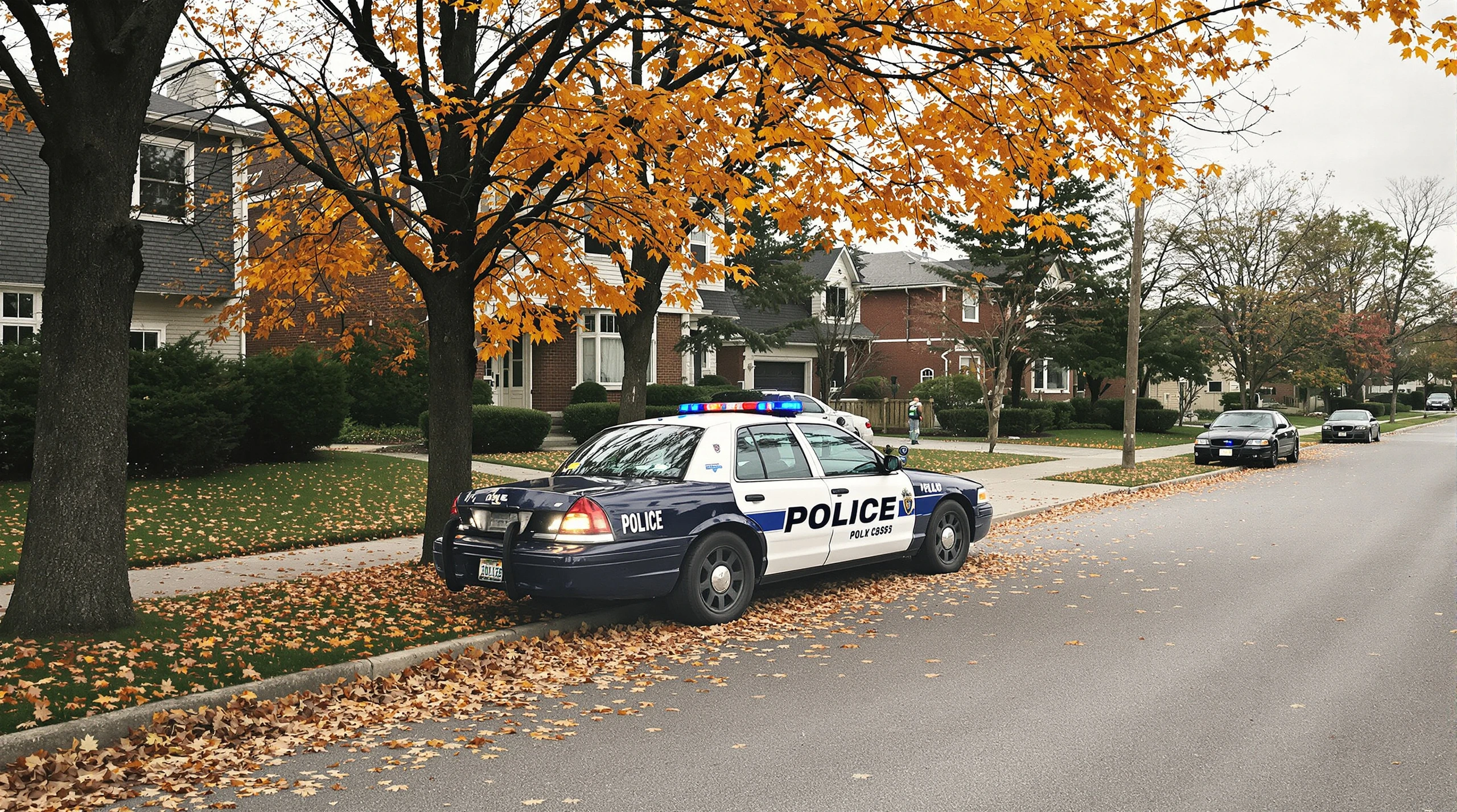 A police cruiser parked on a residential street in Ajax, Ontario, under overcast autumn skies.