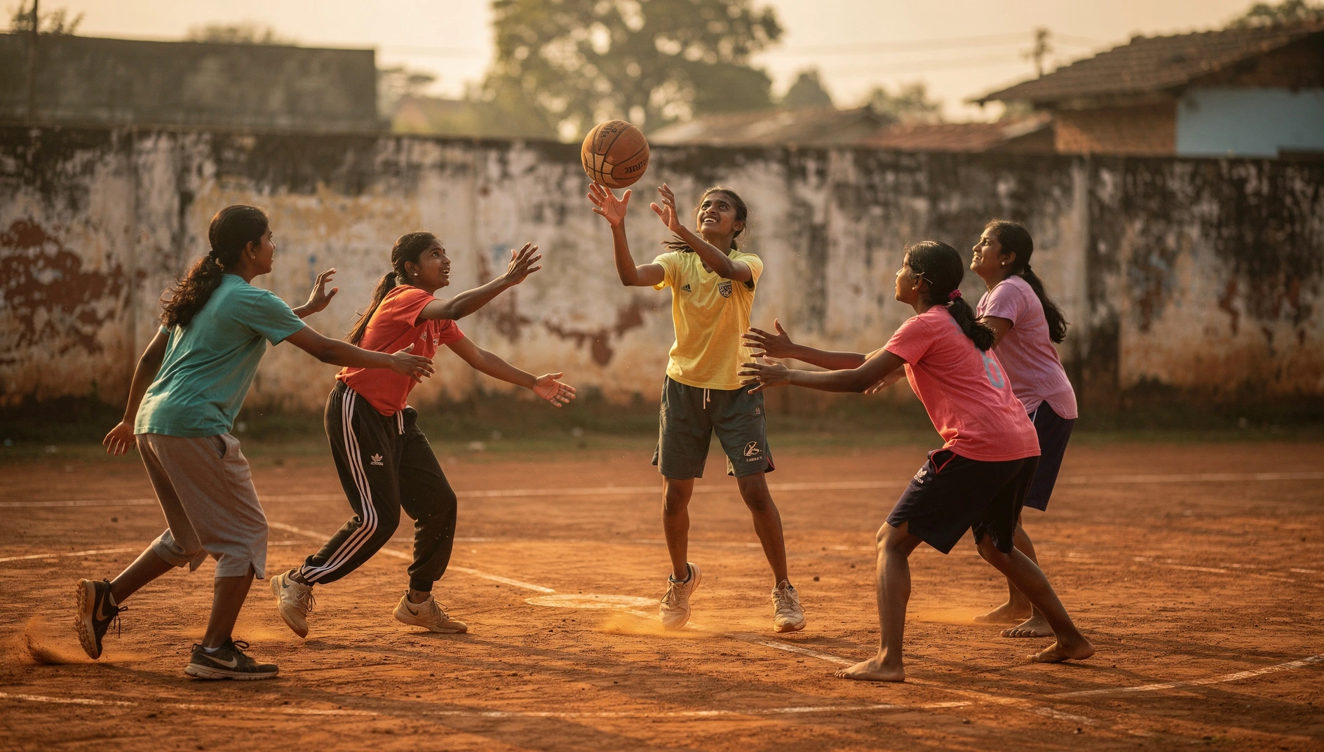 Girls playing basketball on an outdoor court in warm afternoon light.