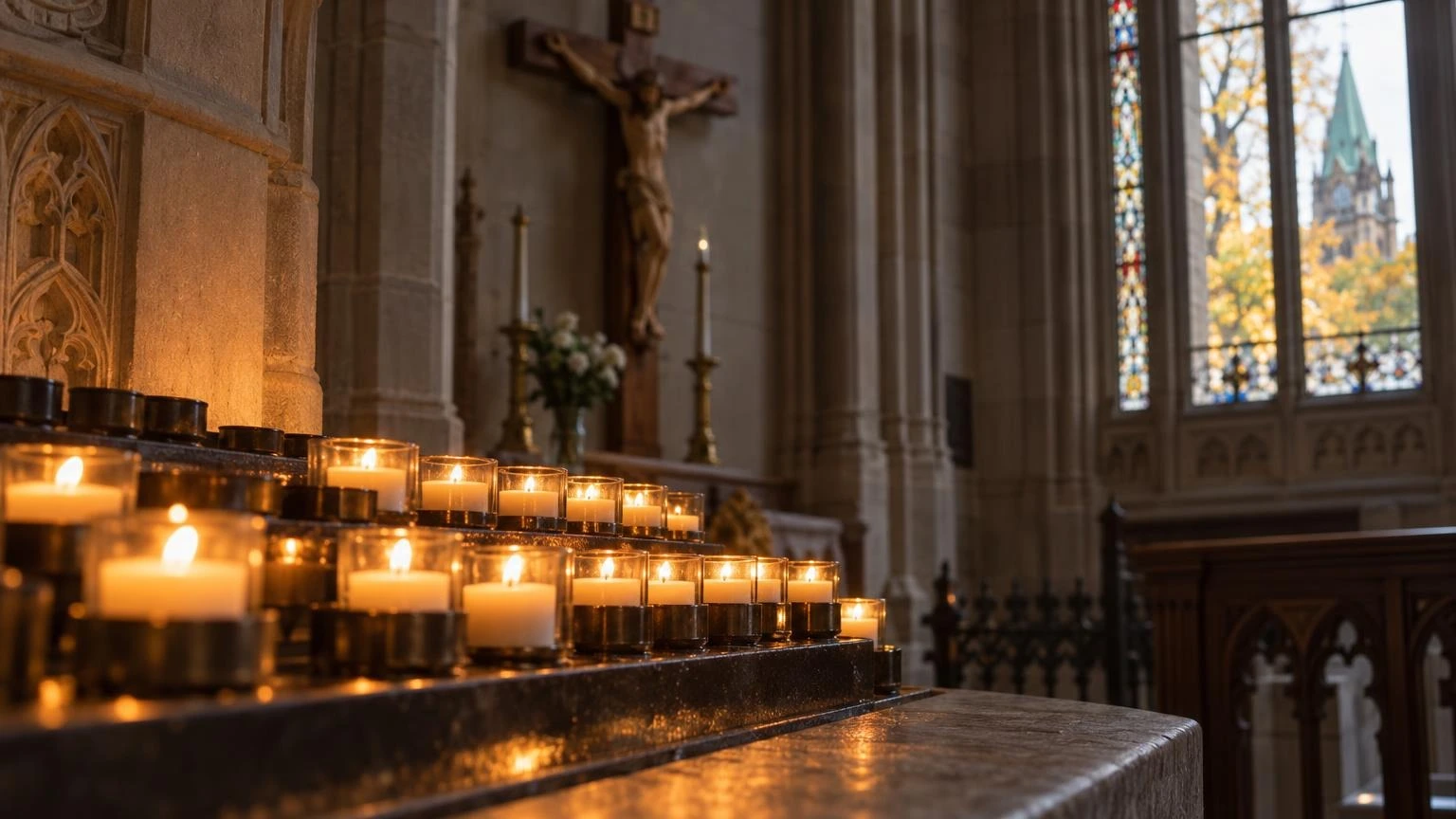 Lit votive candles glowing in a darkened church, with a blurred crucifix in the background.