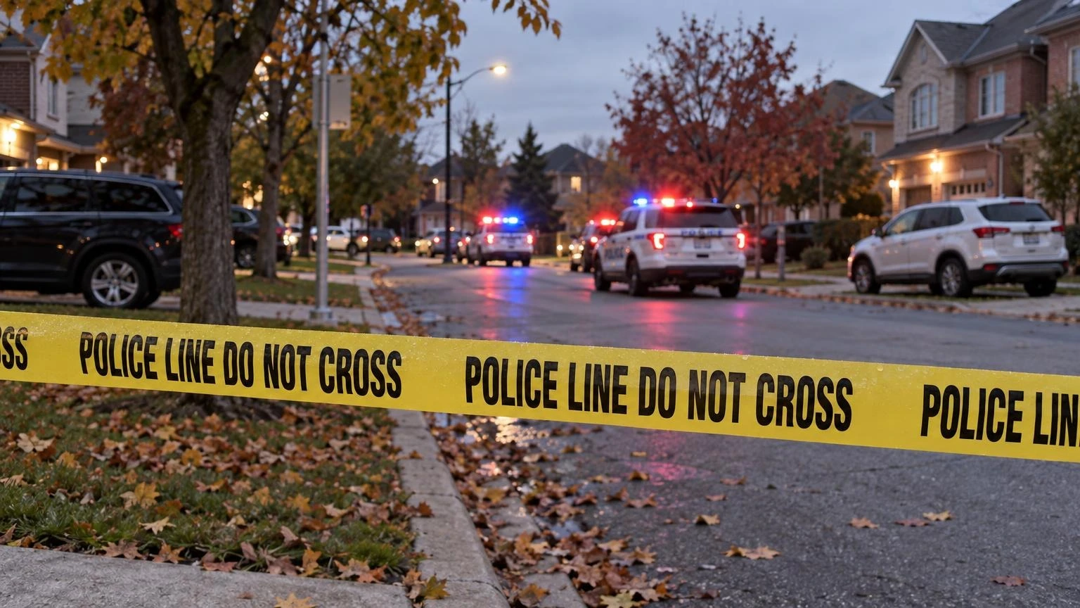 Yellow police tape stretched across a residential street at dusk with red and blue lights in the background.
