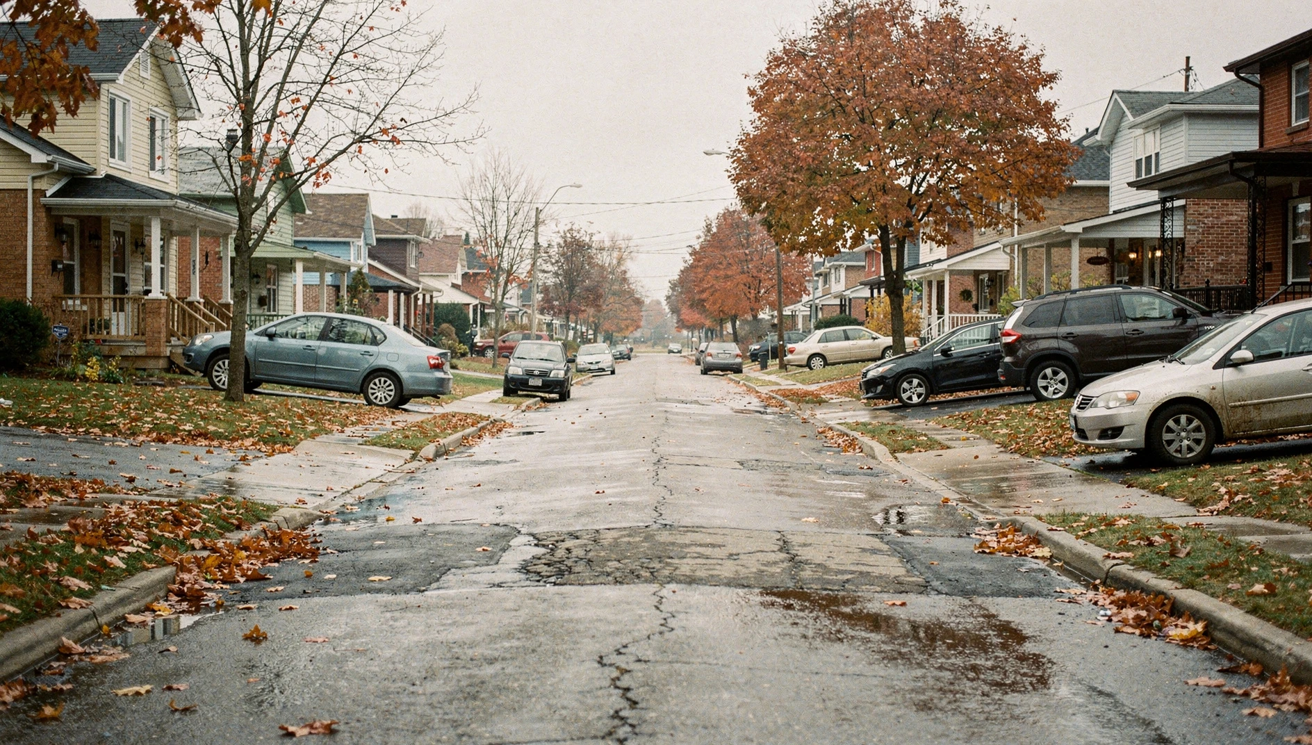A view of a quiet residential street in Ottawa during a cloudy autumn afternoon.
