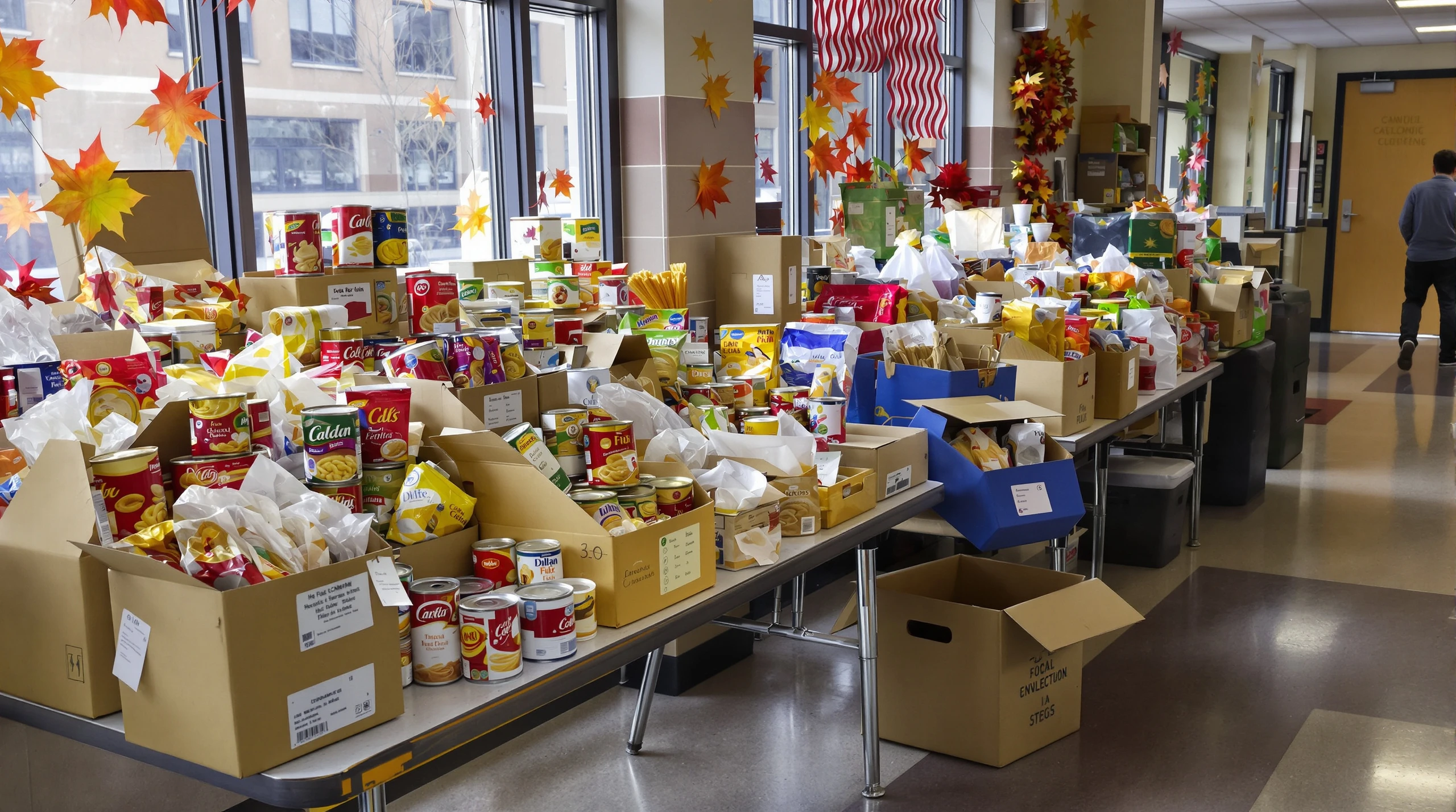 Donated canned goods and food items collected on a table for a school food drive.