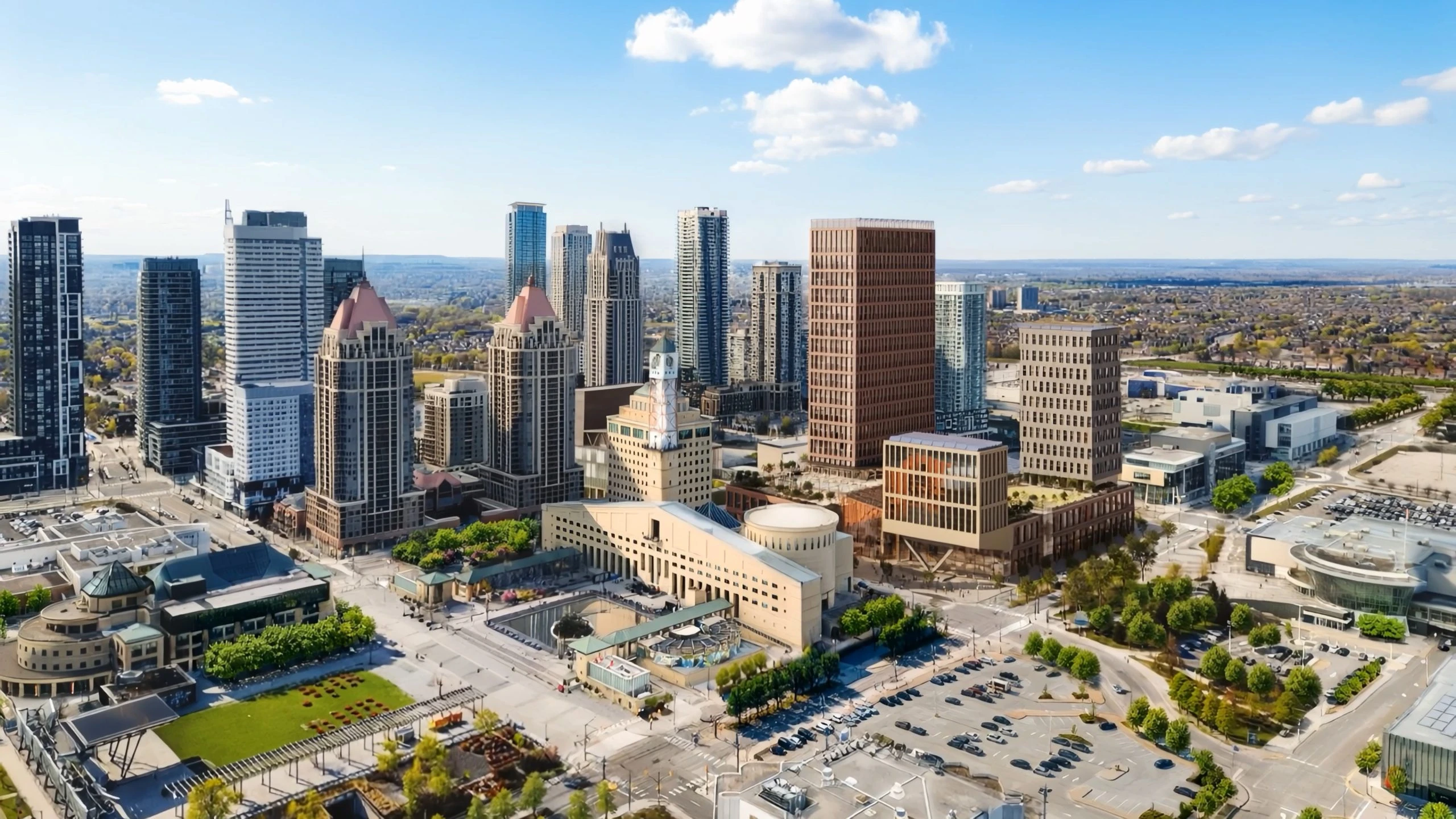 Illustration of an arts building and civic plaza surrounded by urban towers.