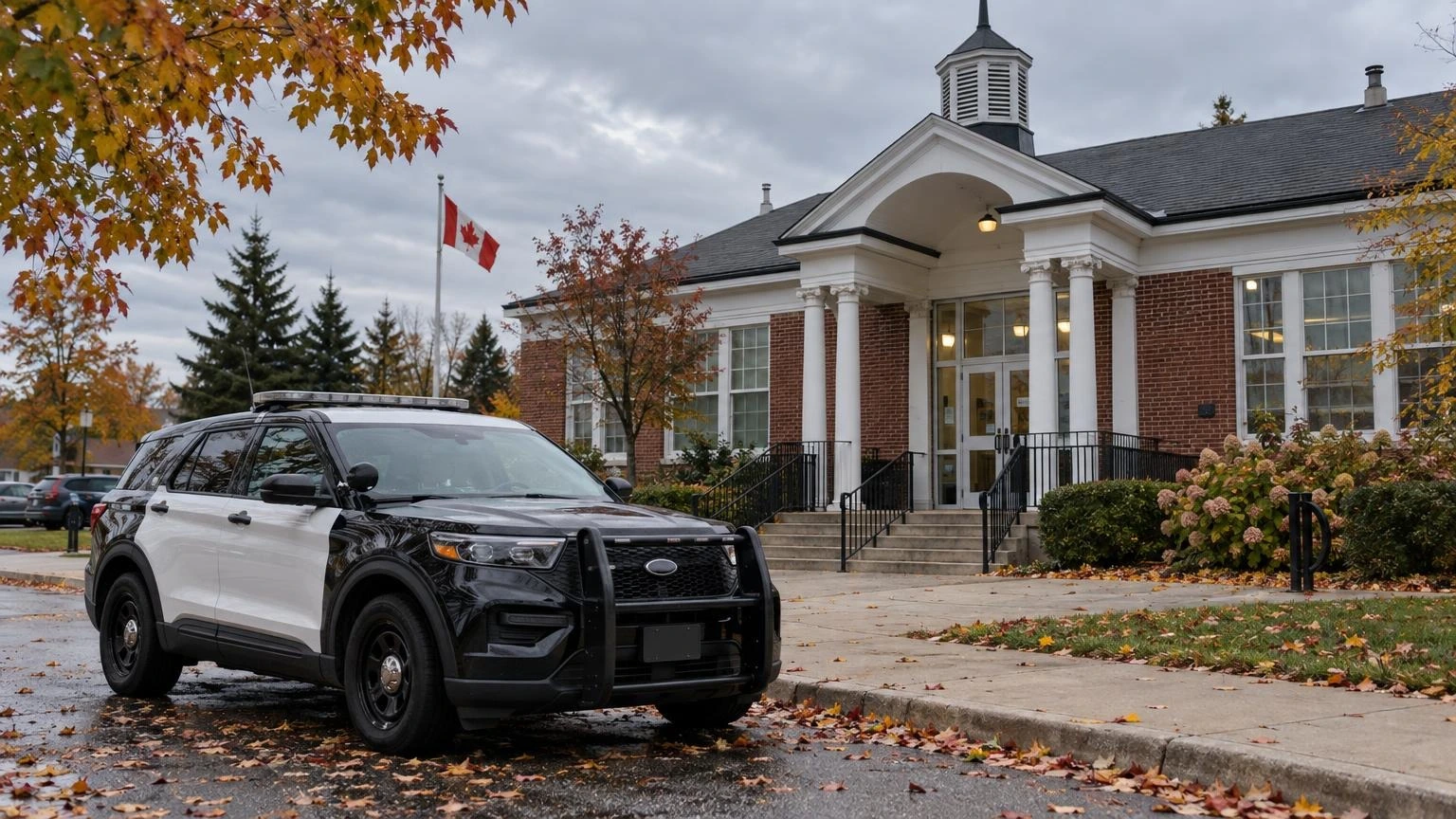 An Ontario police cruiser parked outside a station with autumn leaves on the ground.
