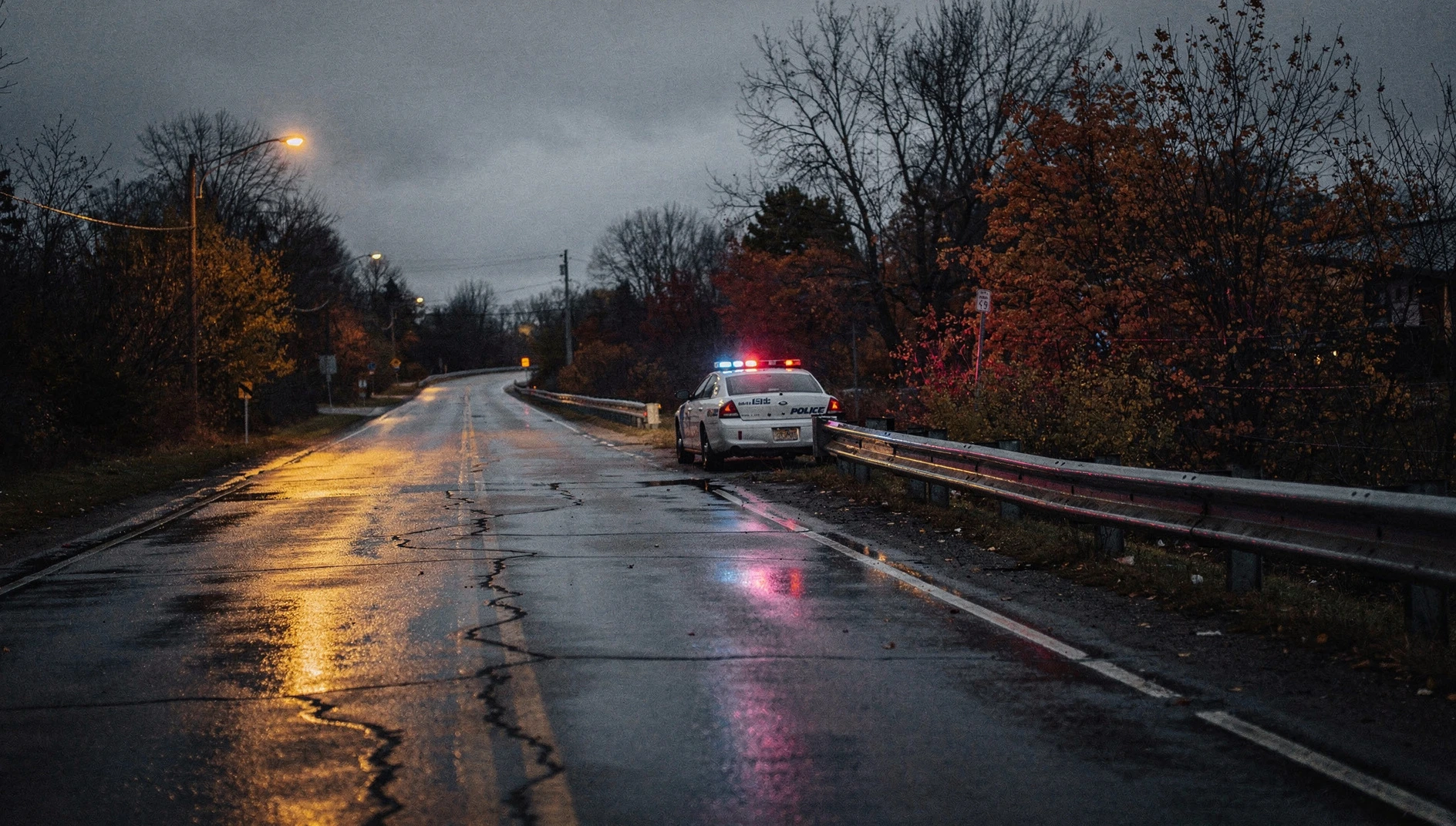 A dark rural roadway in autumn with a guardrail along the shoulder and a distant police cruiser's lights glowing.