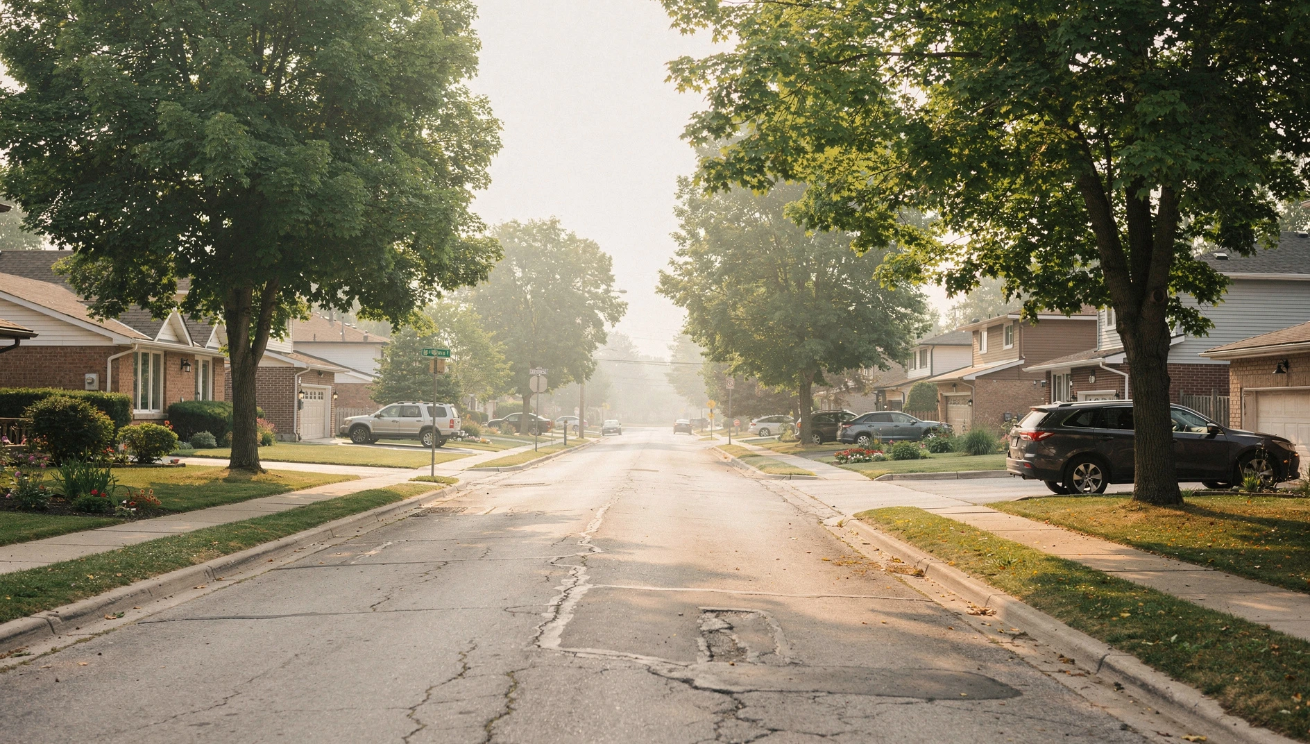 Summer haze over a residential street lined with homes and leafy trees.