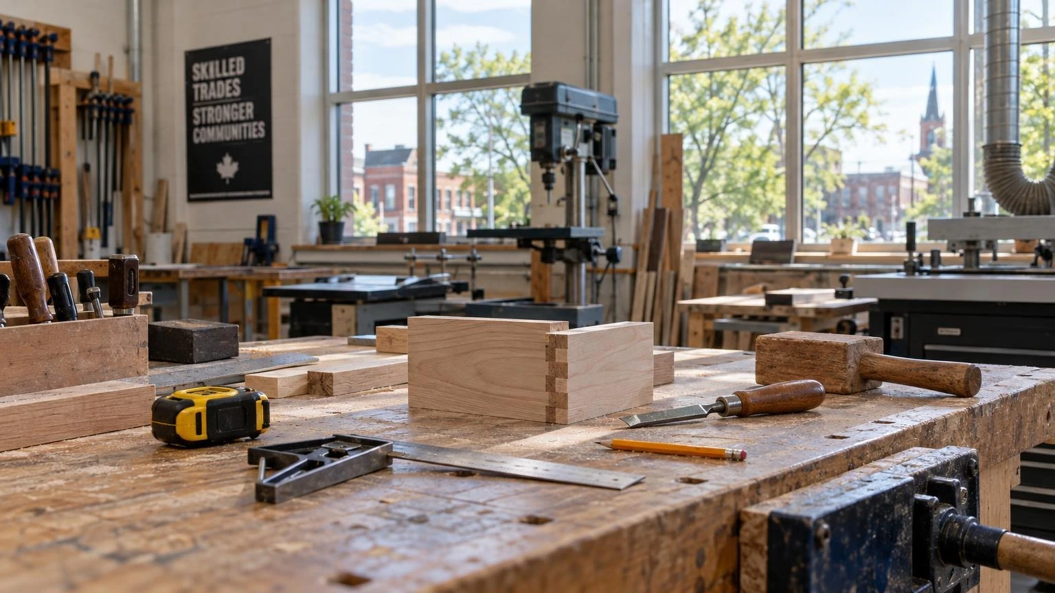 A close-up of professional woodworking tools and a half-finished wooden project on a workbench in a bright vocational classroom.