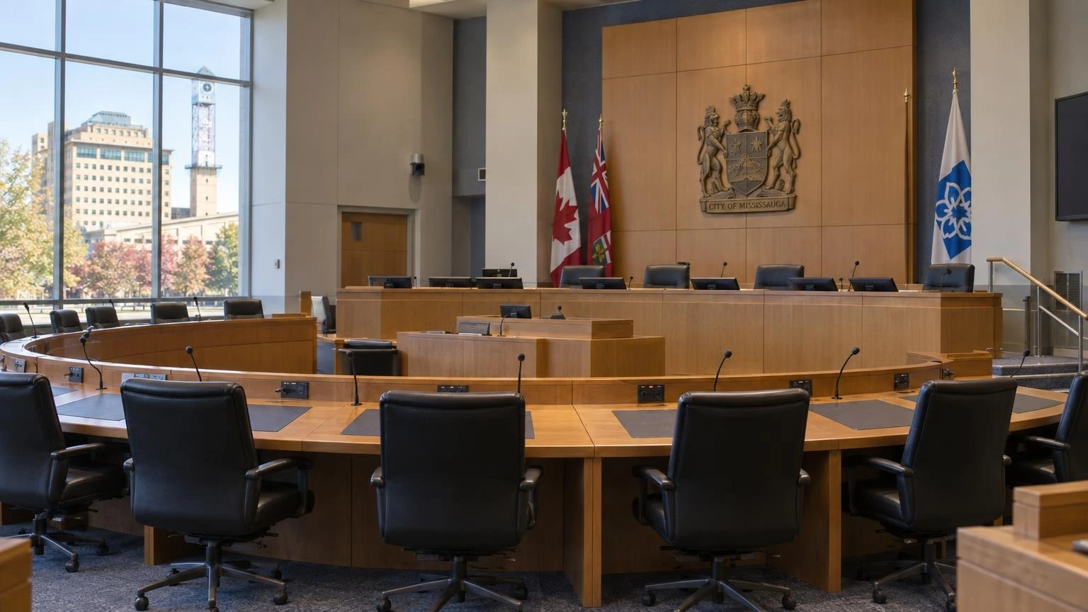 An empty Mississauga City Council chamber with rows of desks and microphones under soft indoor lighting.