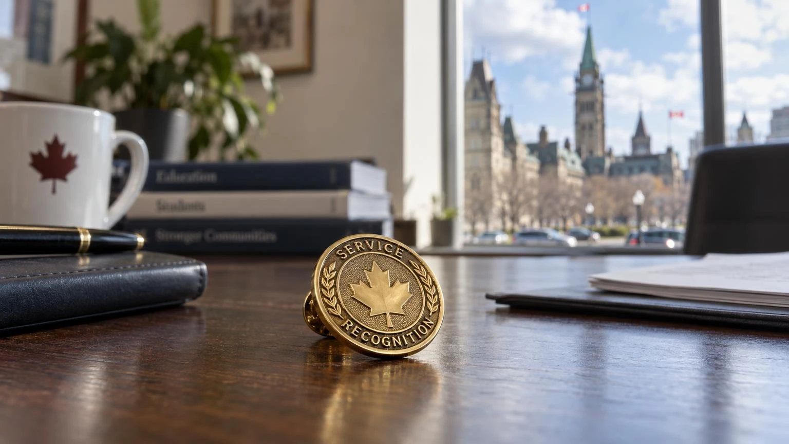A close-up of a gold service pin resting on a wooden surface in a professional setting.