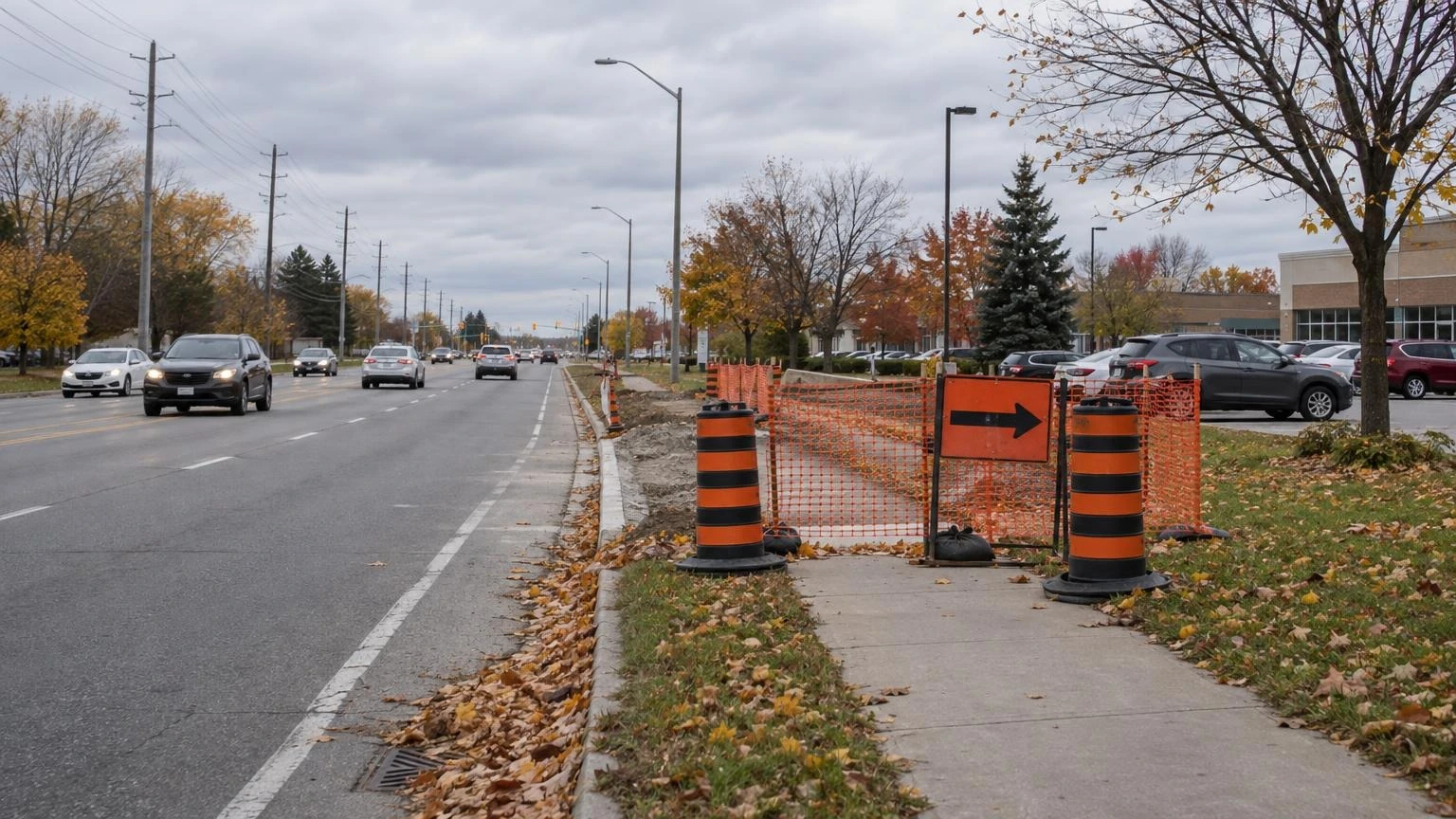 Construction barriers and a detour sign close one side of a sidewalk along a suburban road in autumn