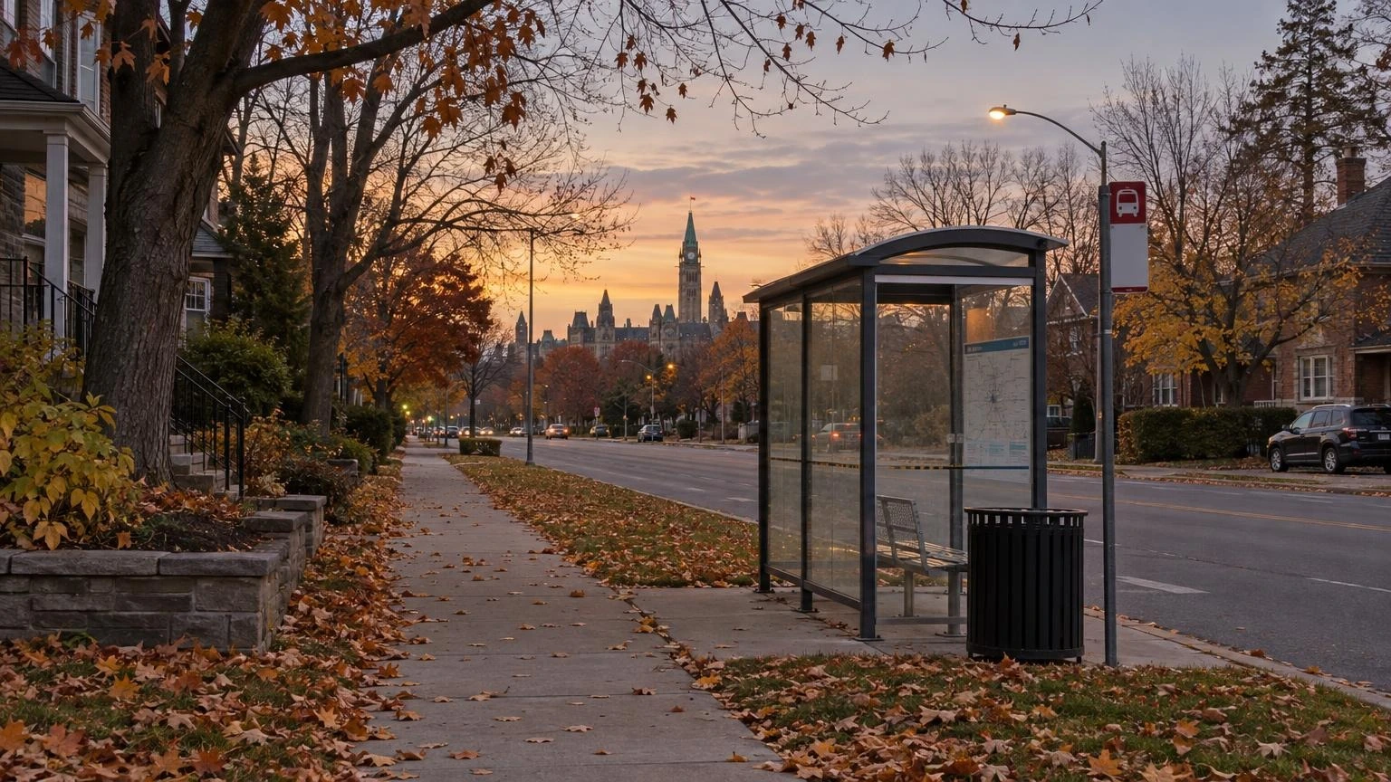 An empty sidewalk and bus shelter at dusk in a Canadian suburb during autumn.