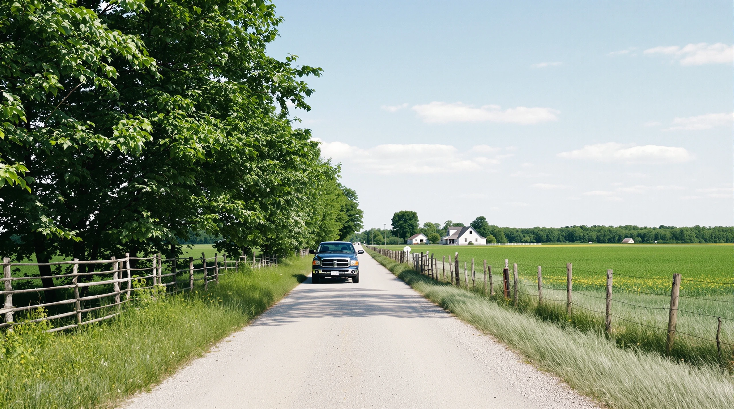 A rural road in Caledon, Ontario, with green fields, trees and a fence under a clear June sky