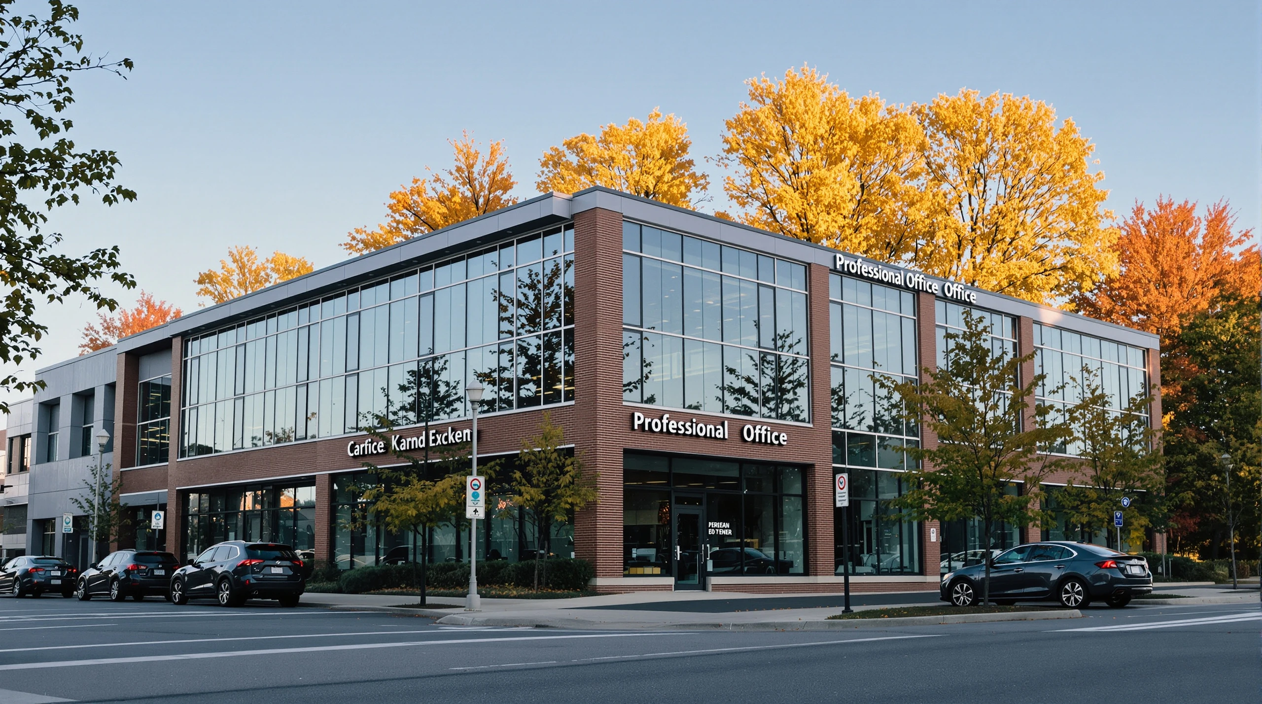 A wide shot of a professional office building exterior in Mississauga on an autumn afternoon.