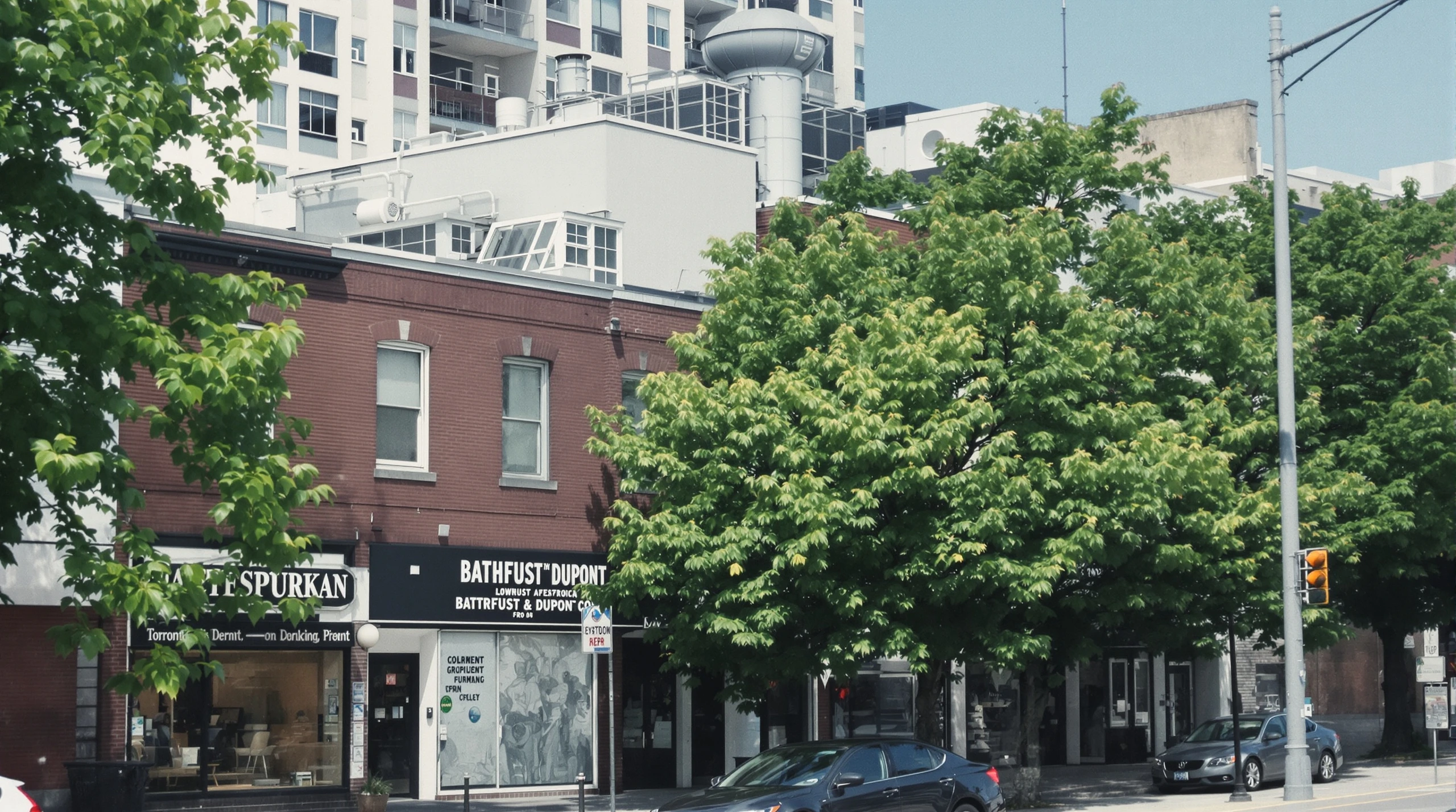 Illustration of a mid-rise Toronto streetscape with a rooftop cooling tower and green summer trees.