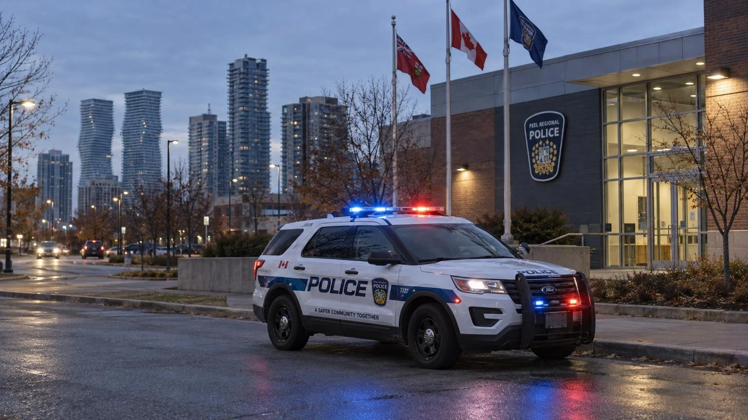 A police cruiser parked at a station at dusk with blurred emergency lights.