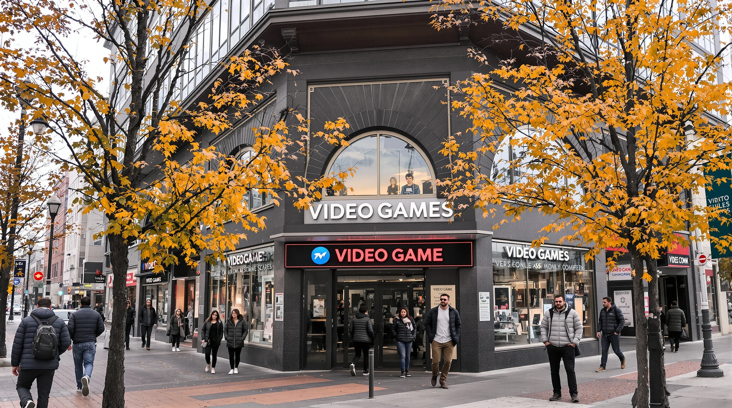 A downtown Toronto shopping street in autumn with shoppers passing retail storefronts under overcast skies.
