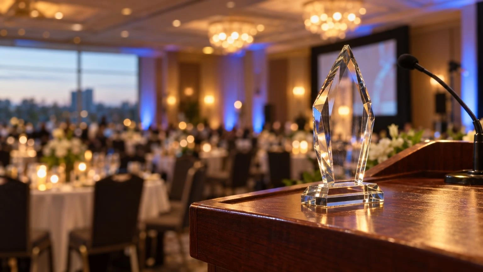 A glass award trophy sits on a wooden podium in a dimly lit banquet hall.
