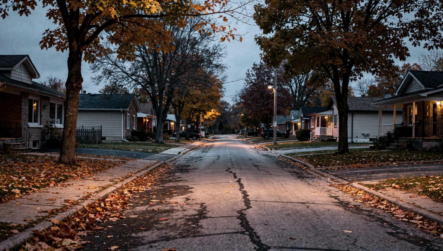 A view of a quiet residential street in Niagara Falls at dusk with autumn leaves on the ground.