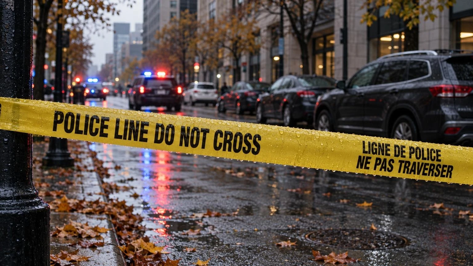 Police tape across a downtown Ottawa street with blurred emergency lights behind it, on a wet autumn morning.
