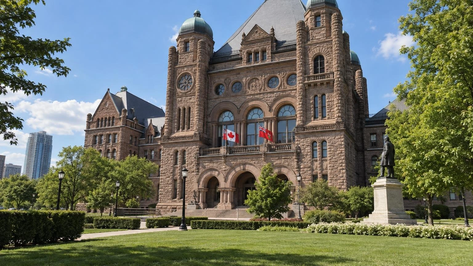 The exterior of the Ontario Legislative Building at Queen's Park in Toronto under a clear summer sky.
