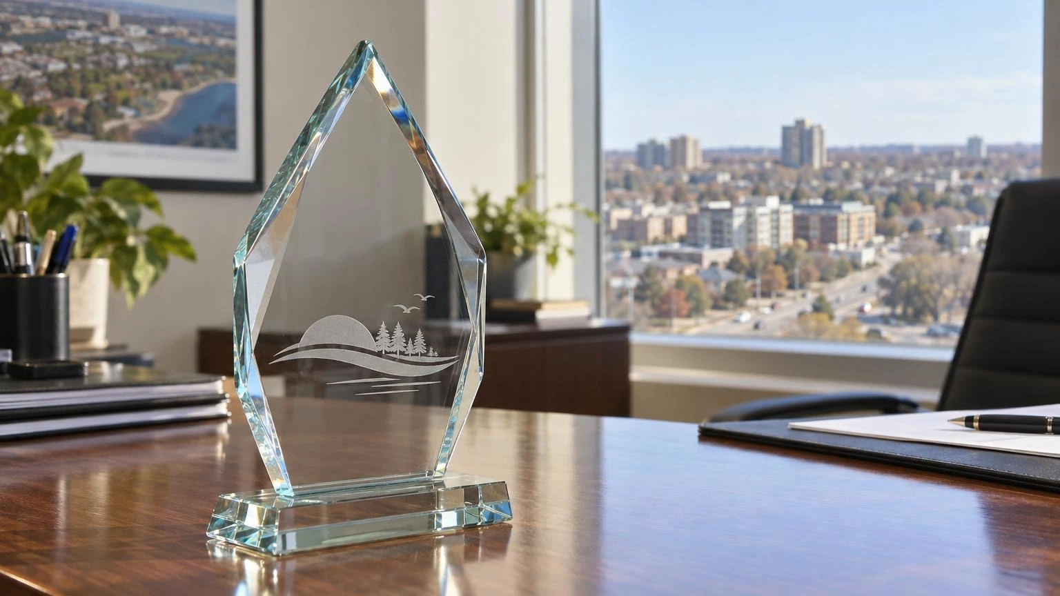 A professional award trophy sitting on a dark wooden table in a modern corporate office setting.