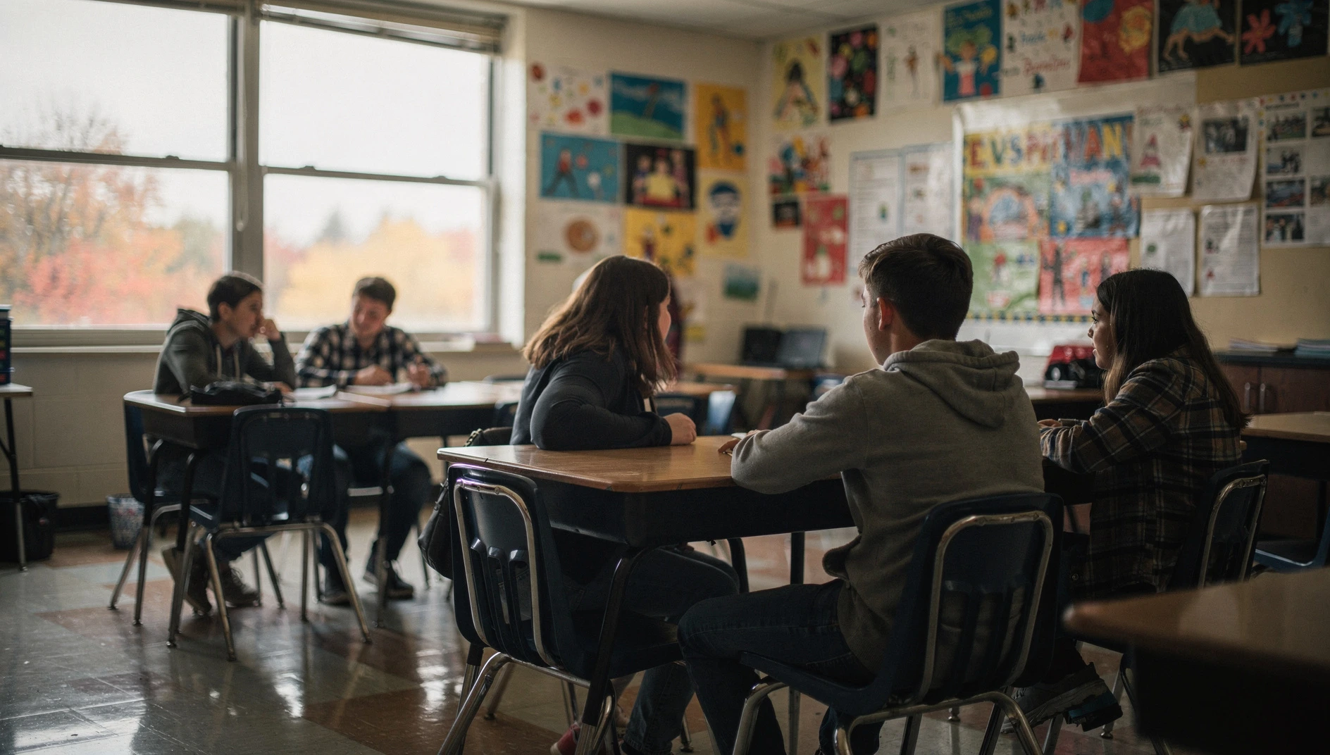 Students seated at desks in a bright high school classroom, seen from behind, with autumn light coming through the windows.