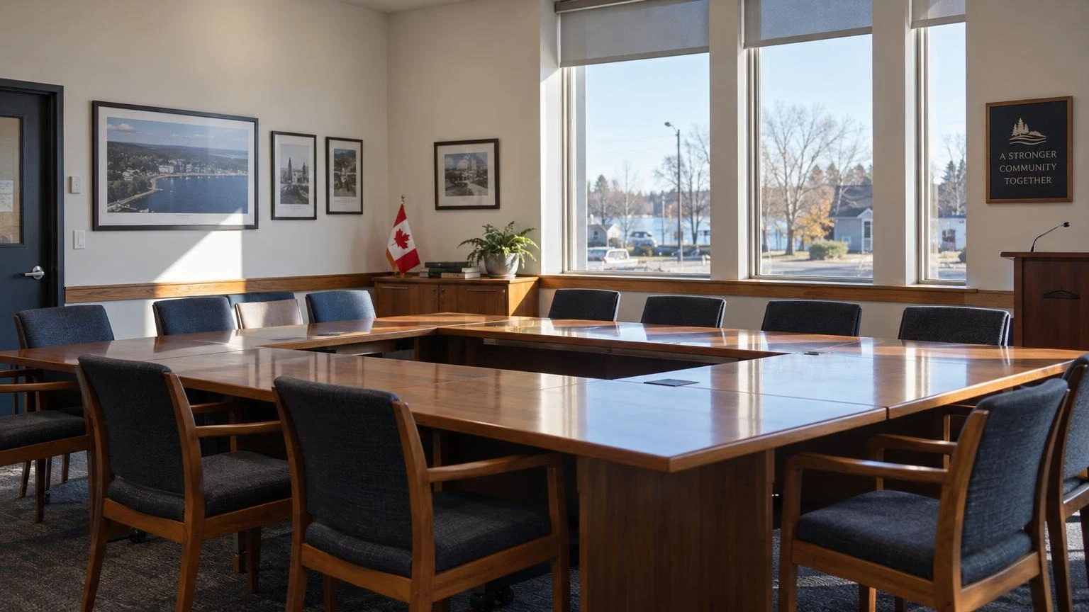 An empty community centre meeting room with wooden tables and chairs arranged for a local committee meeting.