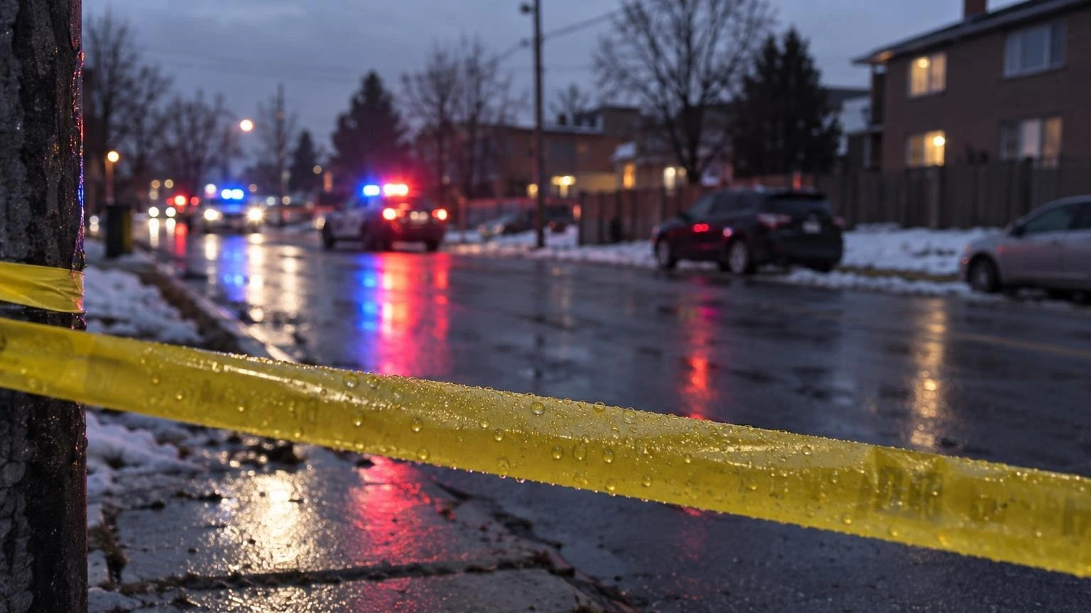 A close-up of yellow police tape stretched across a sidewalk at dusk, with blurred blue and red emergency lights in the background.