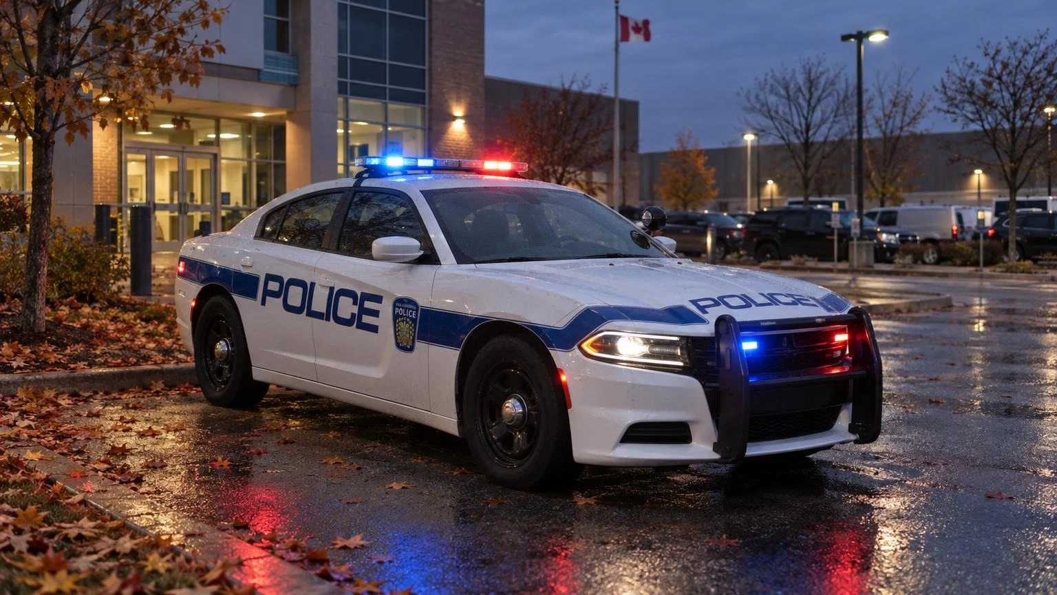 A police cruiser parked outside a Peel Regional Police station at dusk.