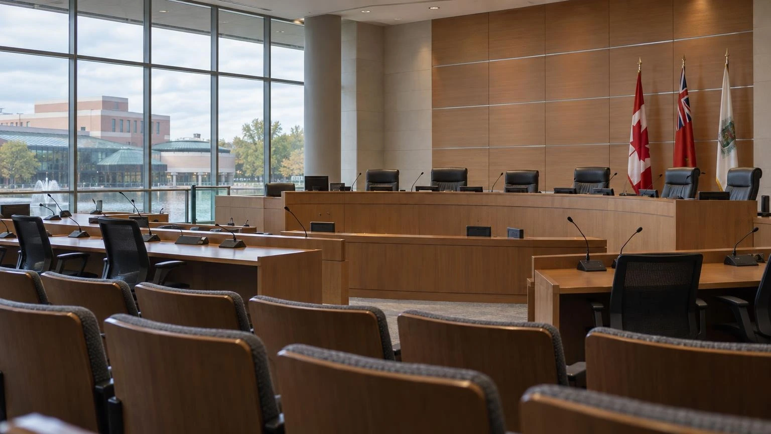An empty municipal council chamber with wooden desks and microphones.