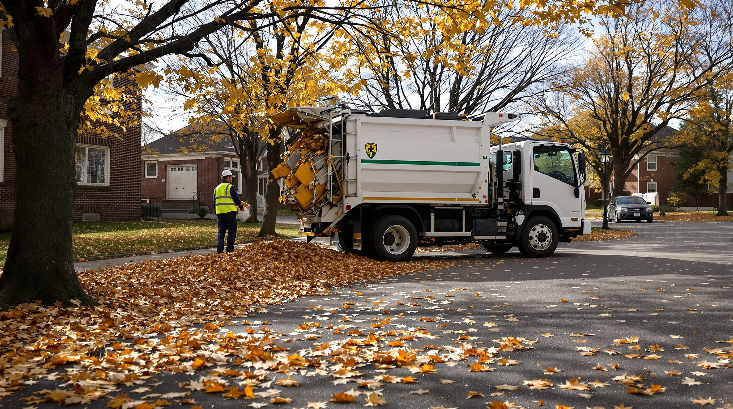 A municipal worker collecting fallen autumn leaves from a residential street curb.