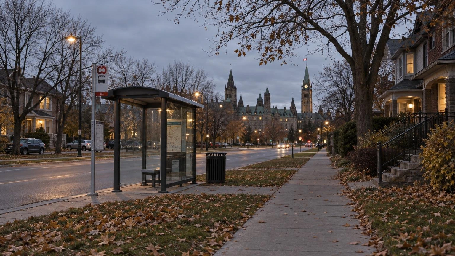 A quiet residential sidewalk in Ottawa at dusk with an empty bus shelter in the background.