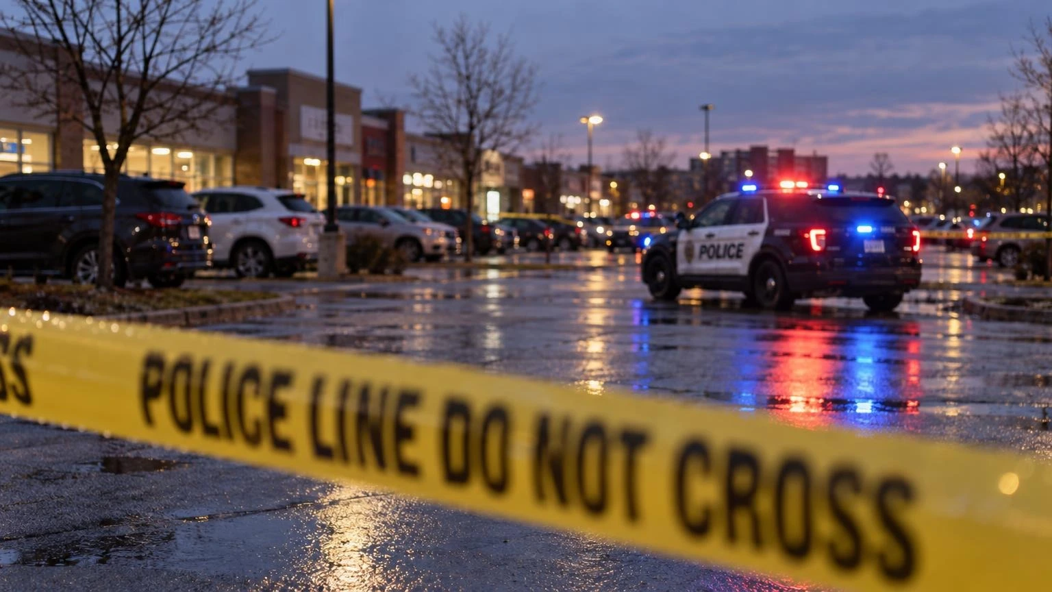A close-up of yellow police tape stretched across a sidewalk at dusk, with blurred blue and red emergency lights in the background.