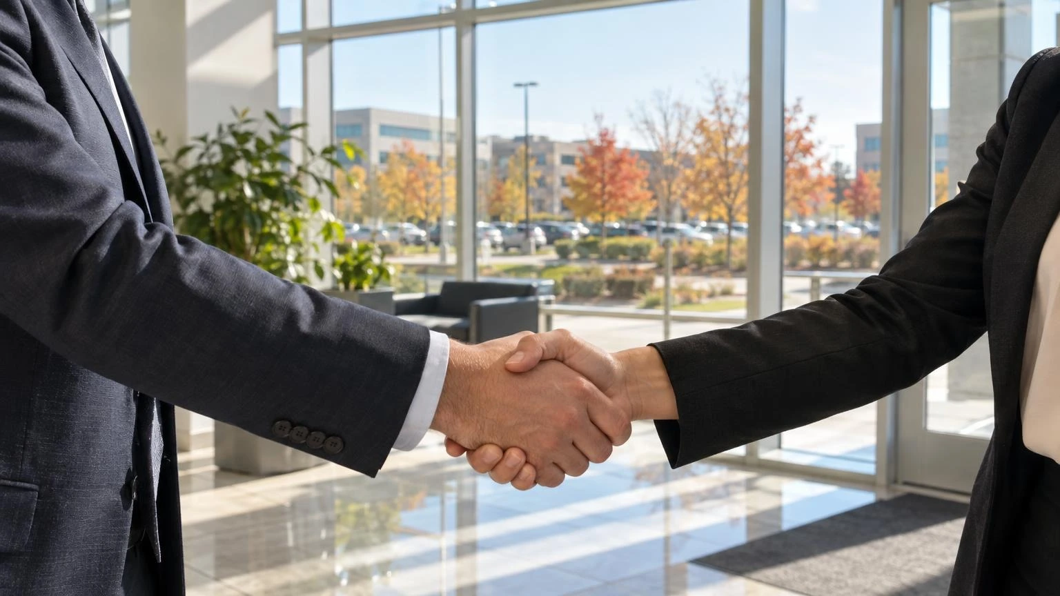 Two professionals shaking hands in a modern, sunlit office lobby during autumn.