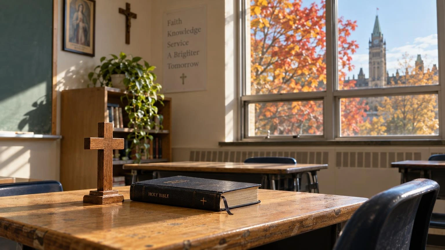A close-up of a small wooden cross on a table inside a quiet, sunlit classroom or chapel.