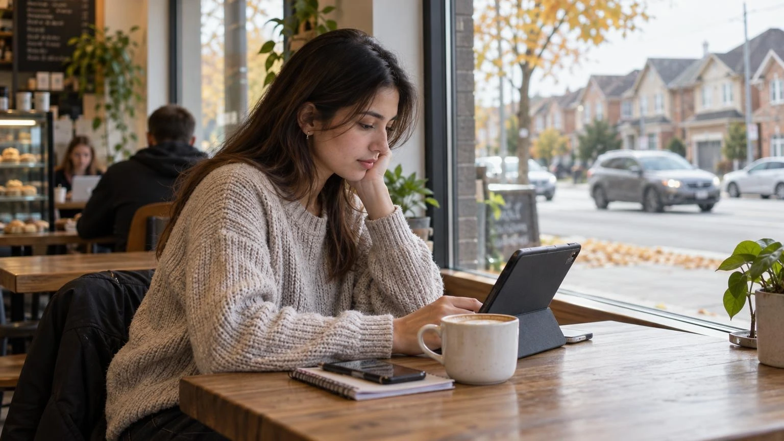 A person using a digital tablet in a bright cafe setting.