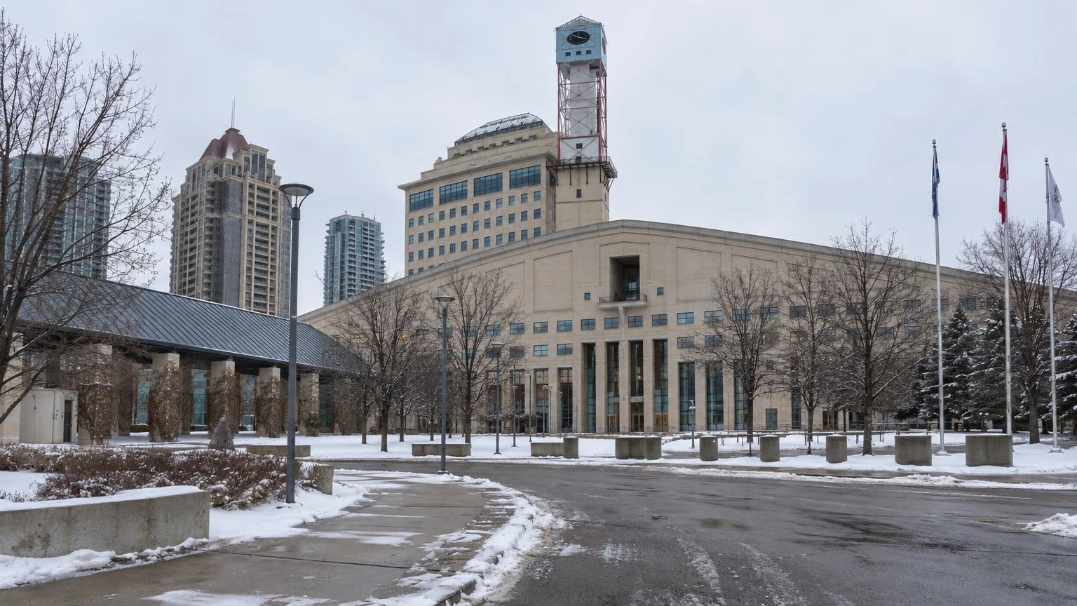 An exterior shot of Mississauga City Hall on a cold winter day.
