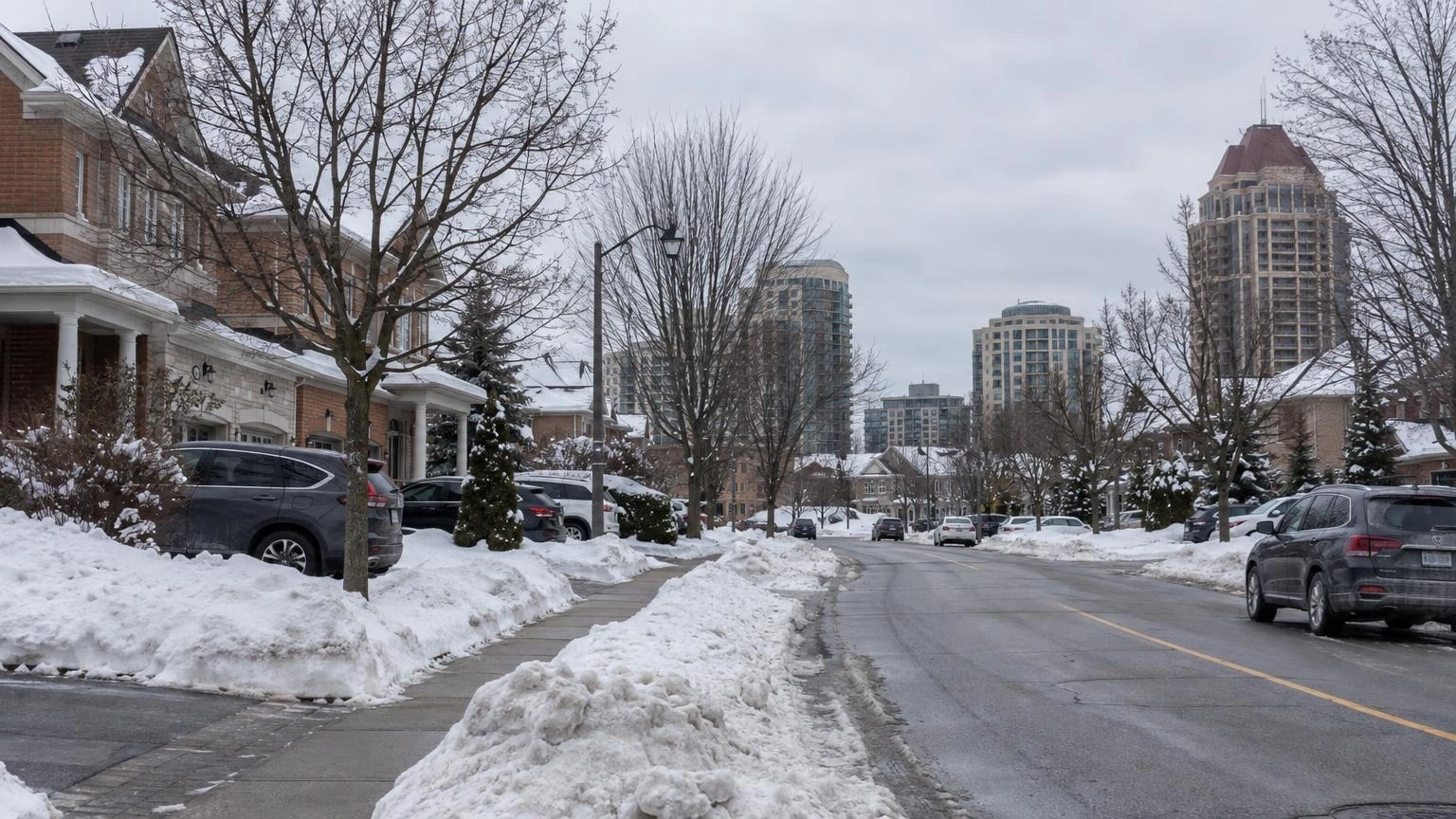 A wide shot of a residential street in Mississauga with snow on the ground and bare trees under a grey winter sky.