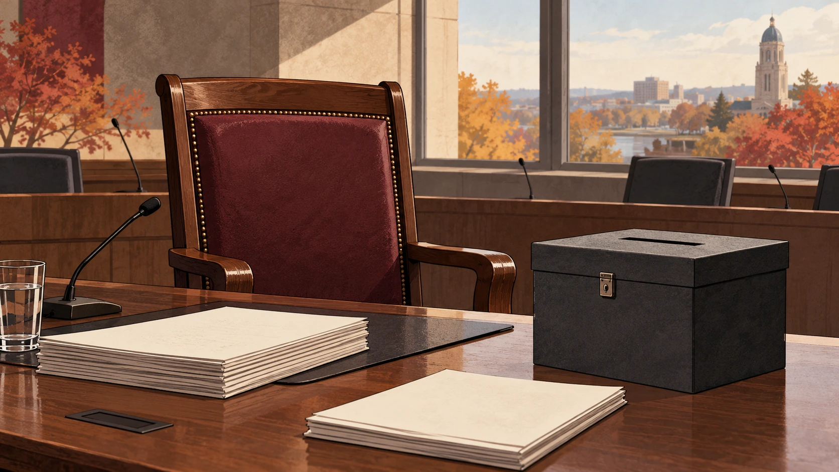 AI-generated conceptual illustration of an empty council chair, blank papers and a ballot box; not an actual council chamber or election scene.