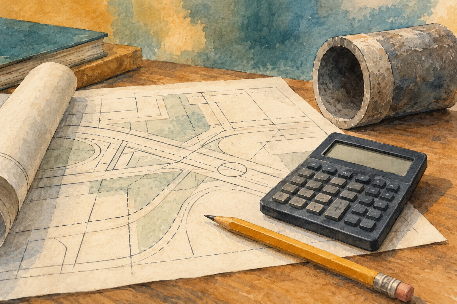 Conceptual illustration of an abstract engineering plan, blank-display calculator, pencil and pipe sample.