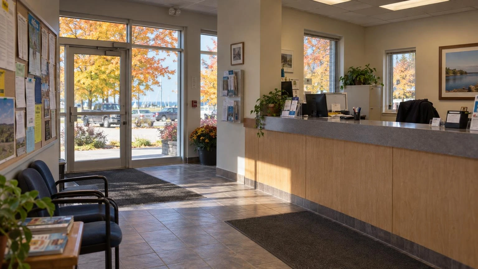 The lobby of a county administration building in Ontario with a service counter and windows showing autumn foliage outside.