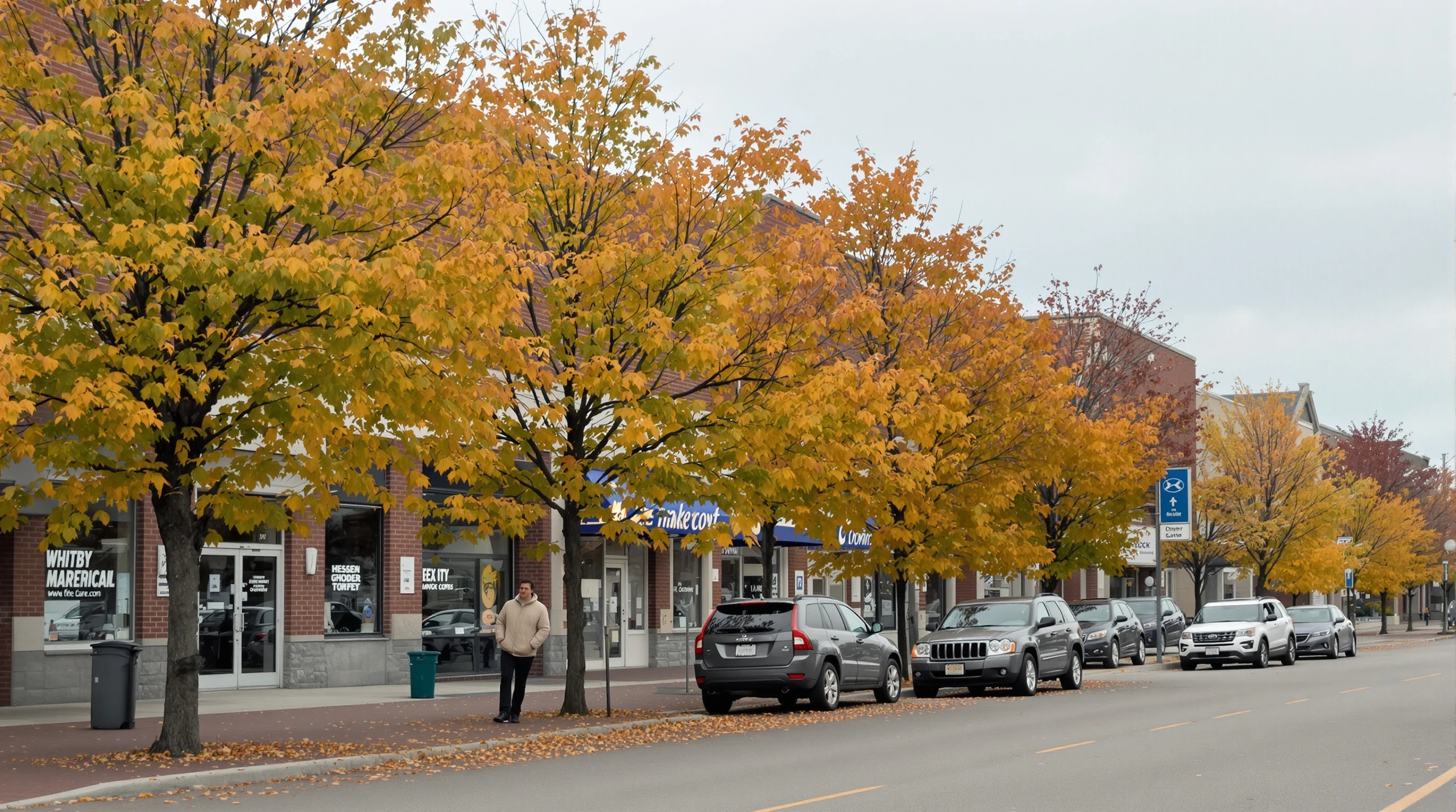 A downtown Whitby street with autumn-coloured trees and brick storefronts on an overcast October day.