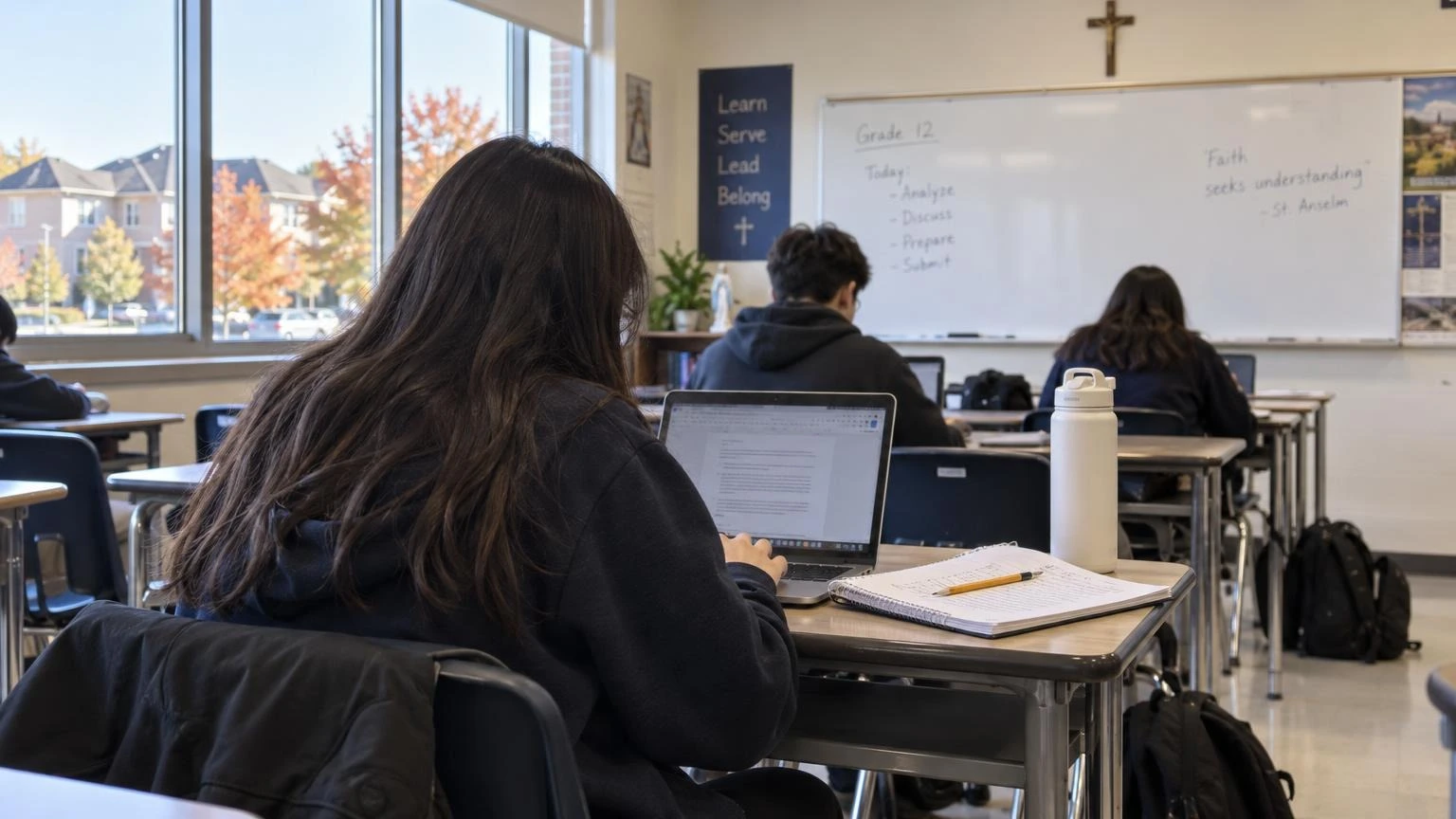 A high school student works on a laptop at a desk in an Ontario classroom with autumn light coming through the window.