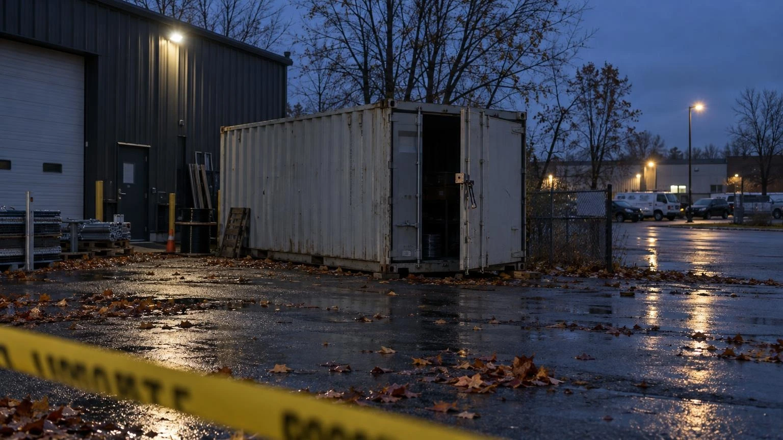 A shipping container with a cut padlock and police tape in a dark industrial yard at night, autumn leaves on the wet ground.