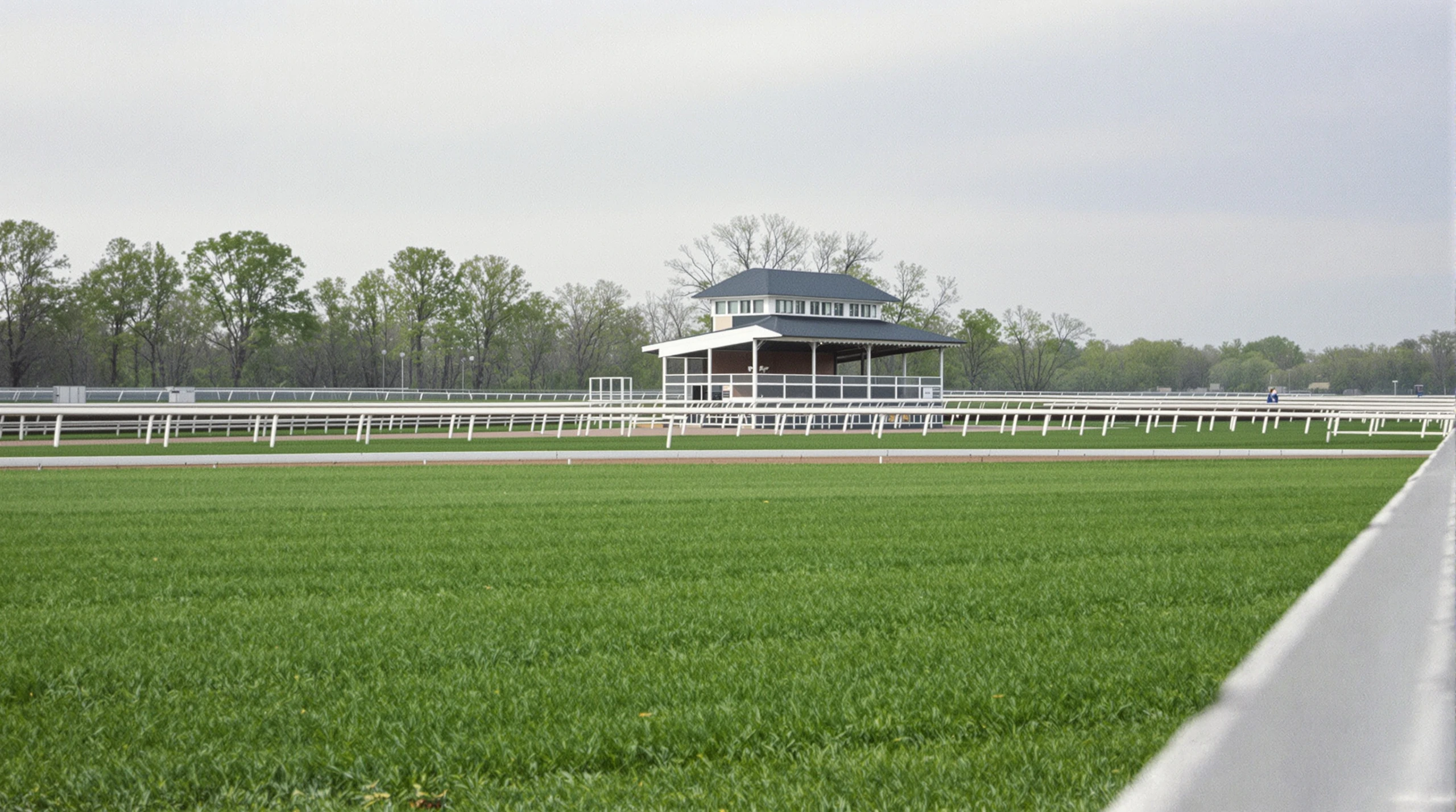A quarter horse racetrack with white rail and green infield under a spring sky at Ajax Downs.