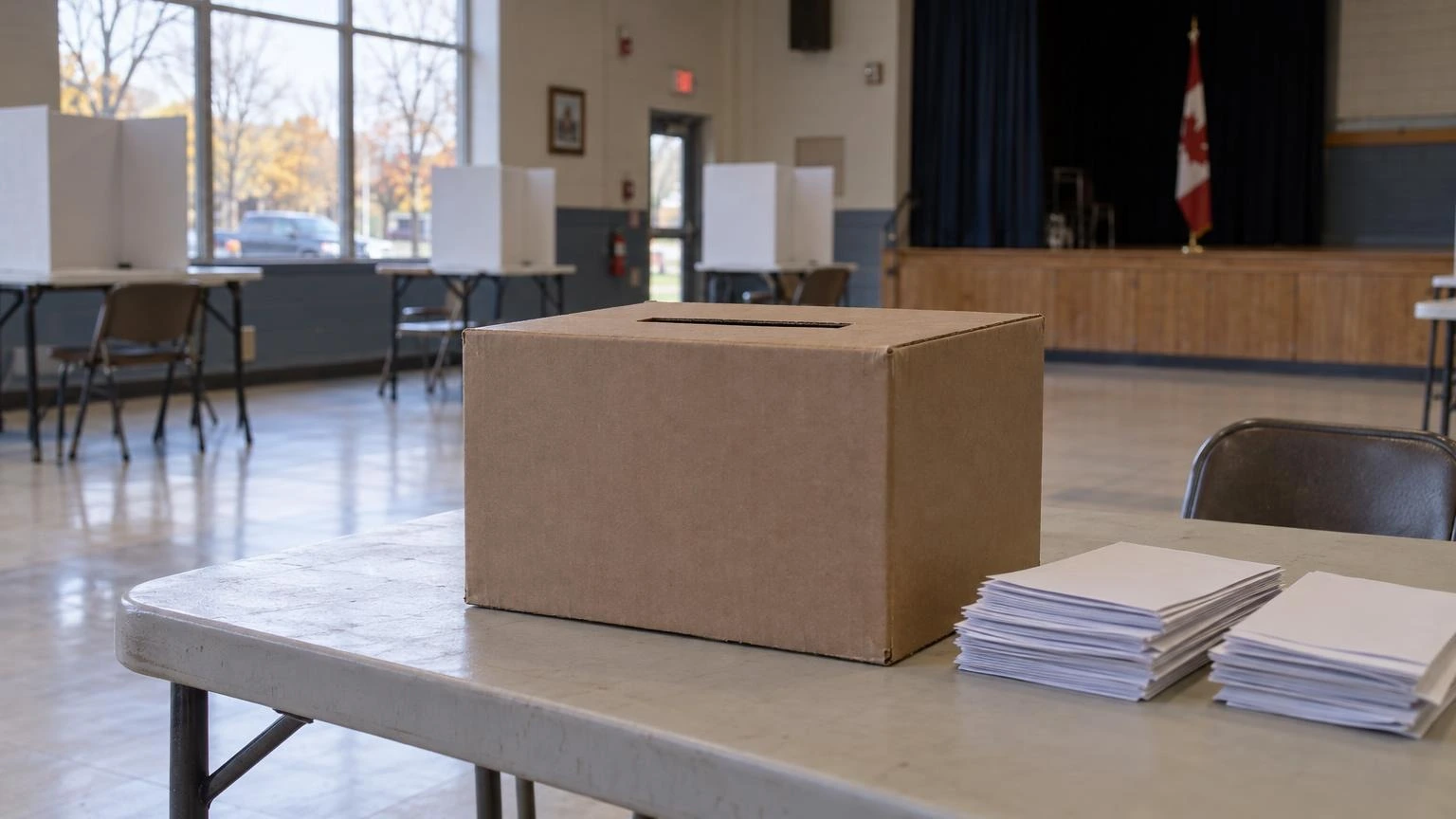A close-up of a stack of paper ballots and a plain cardboard ballot box inside a community centre hall.